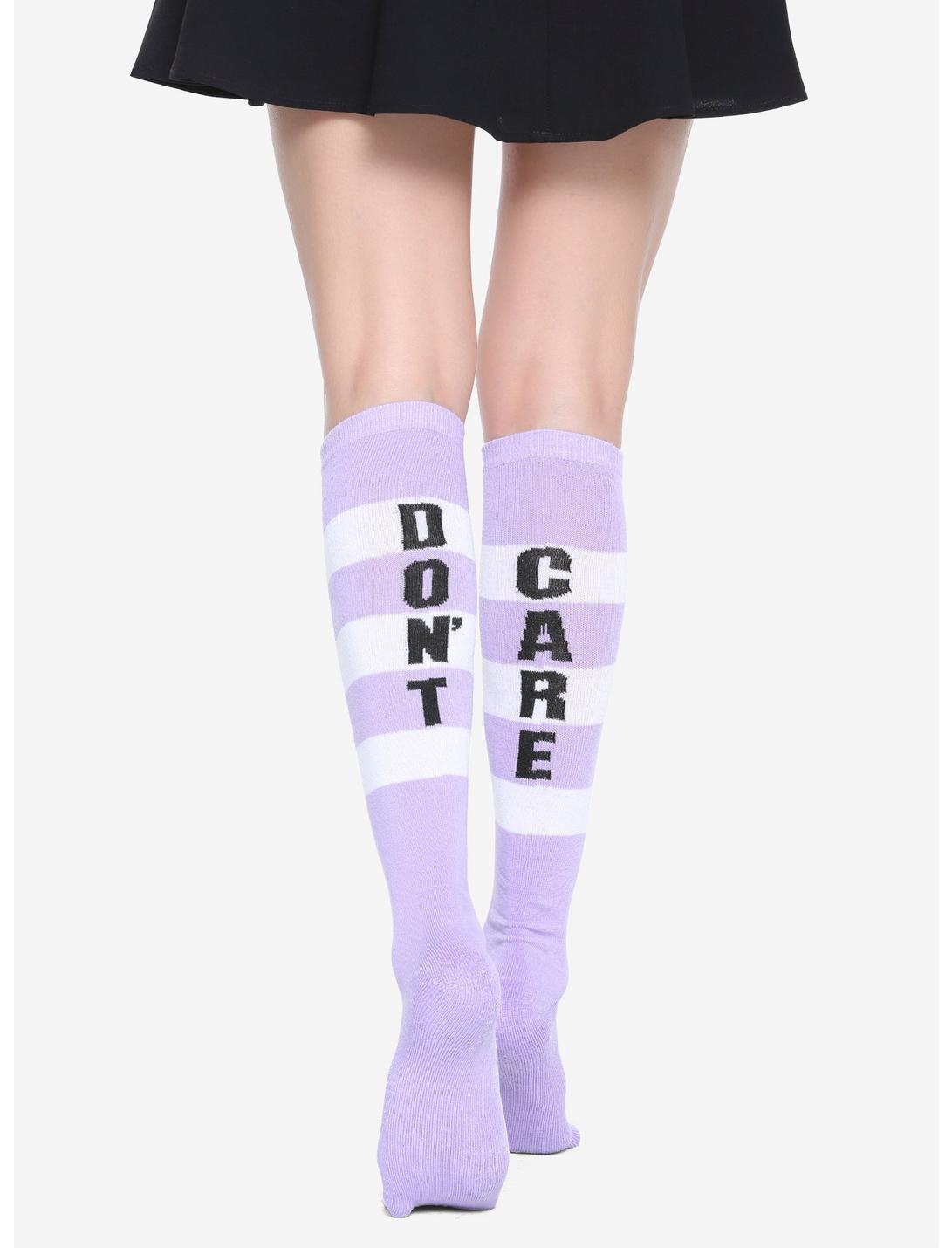 Purple & White Striped Don't Care Knee-High Socks, , hi-res