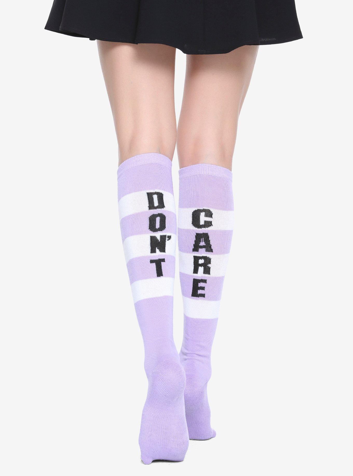 Purple & White Striped Don't Care Knee-High Socks, , hi-res