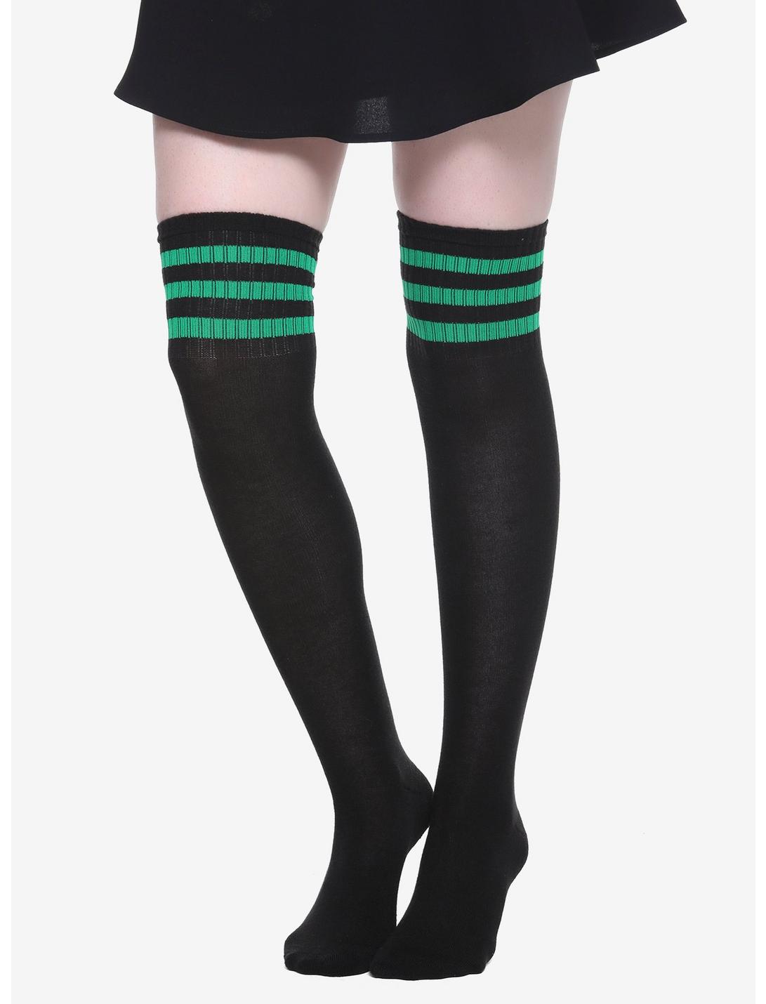 Blackheart Black & Green Varsity Stripe Over-The-Knee Socks, , hi-res