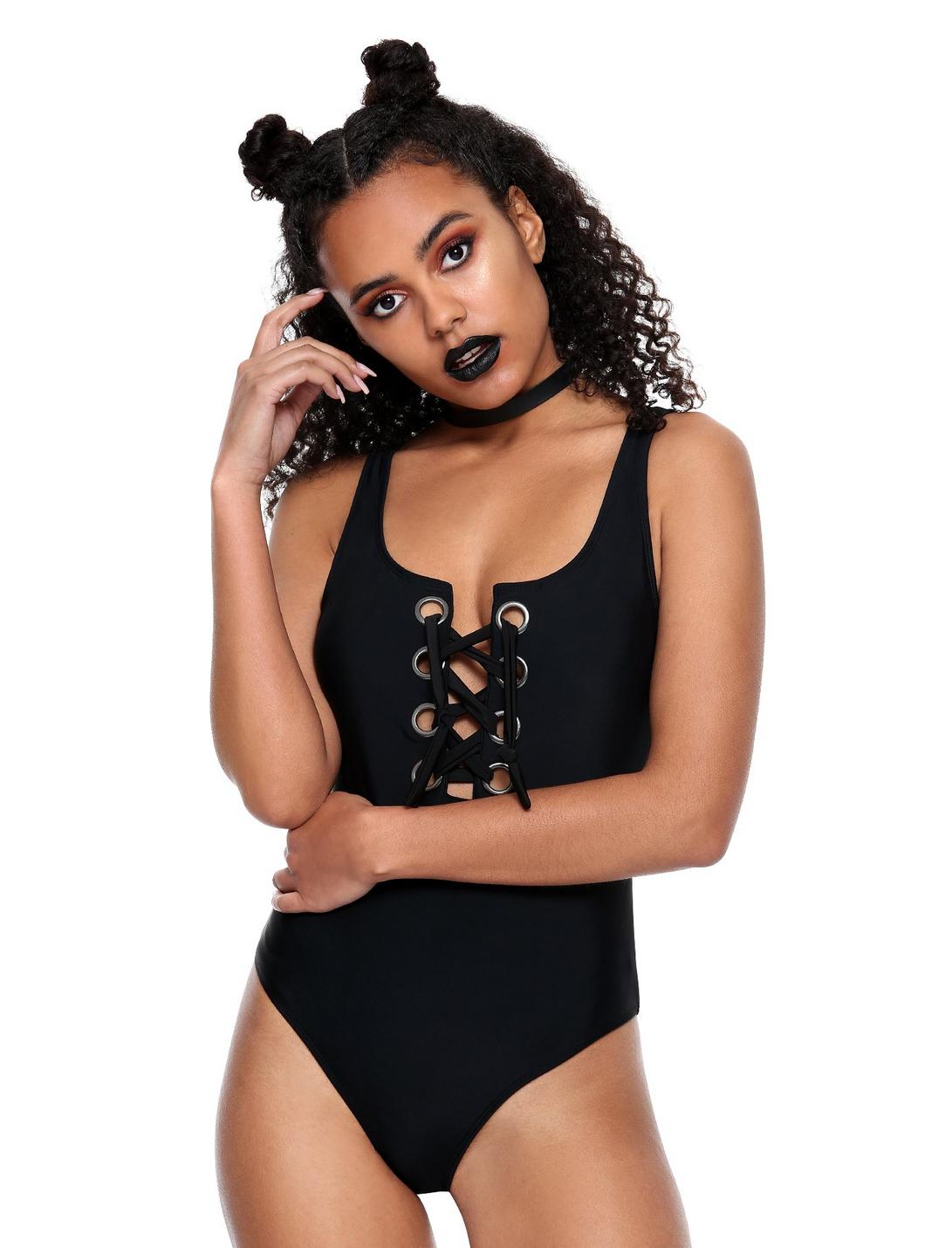 Big Grommet Lace-Up Black Swimsuit, BLACK, hi-res
