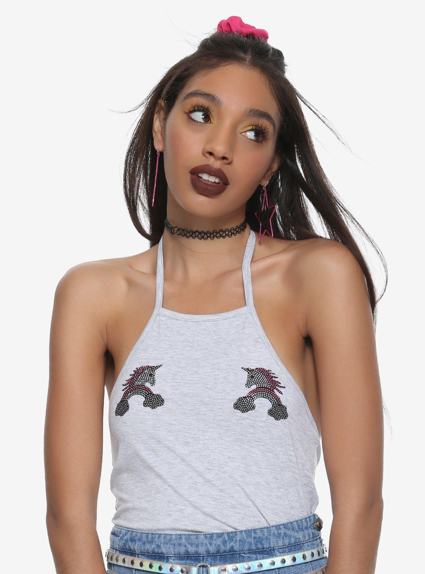 Sequin Unicorn Girls Halter Top, GREY, hi-res