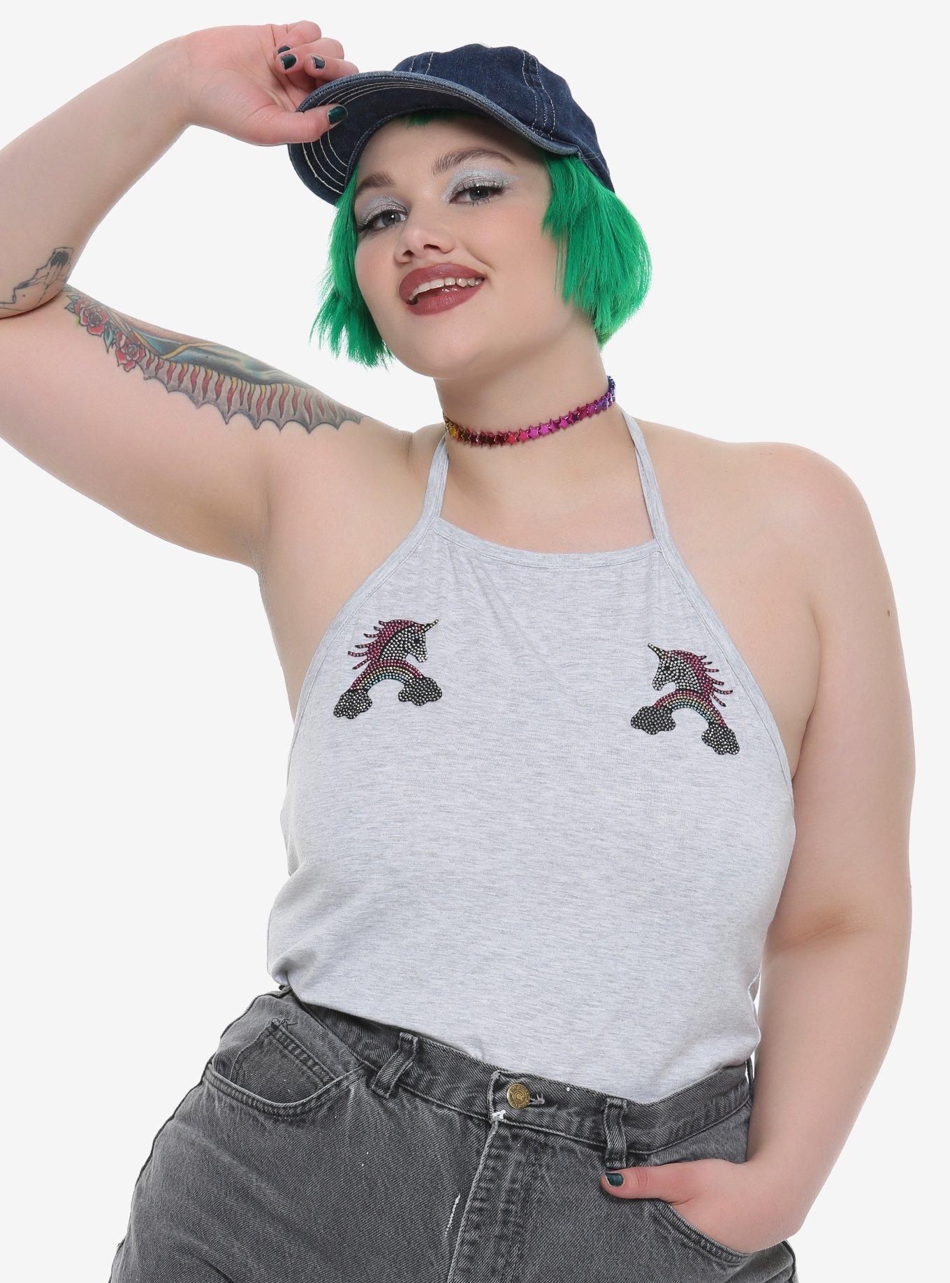 Sequin Unicorn Girls Halter Top Plus Size, GREY, hi-res