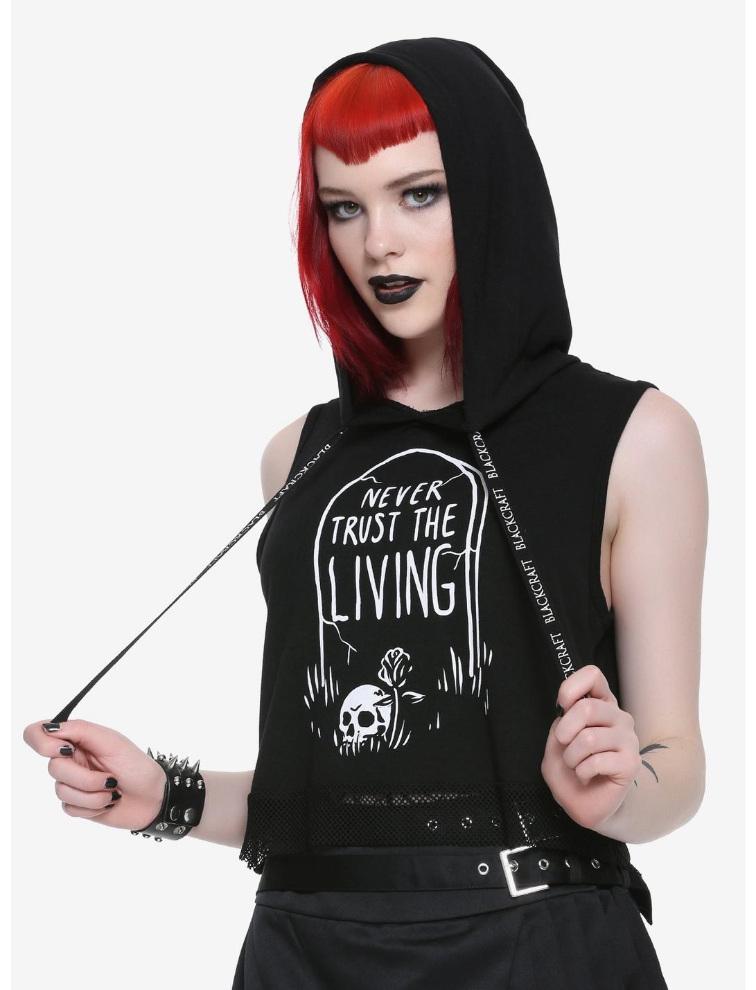 BlackCraft Never Trust The Living Girls Hooded Crop Muscle Top Hot Topic Exclusive, BLACK, hi-res