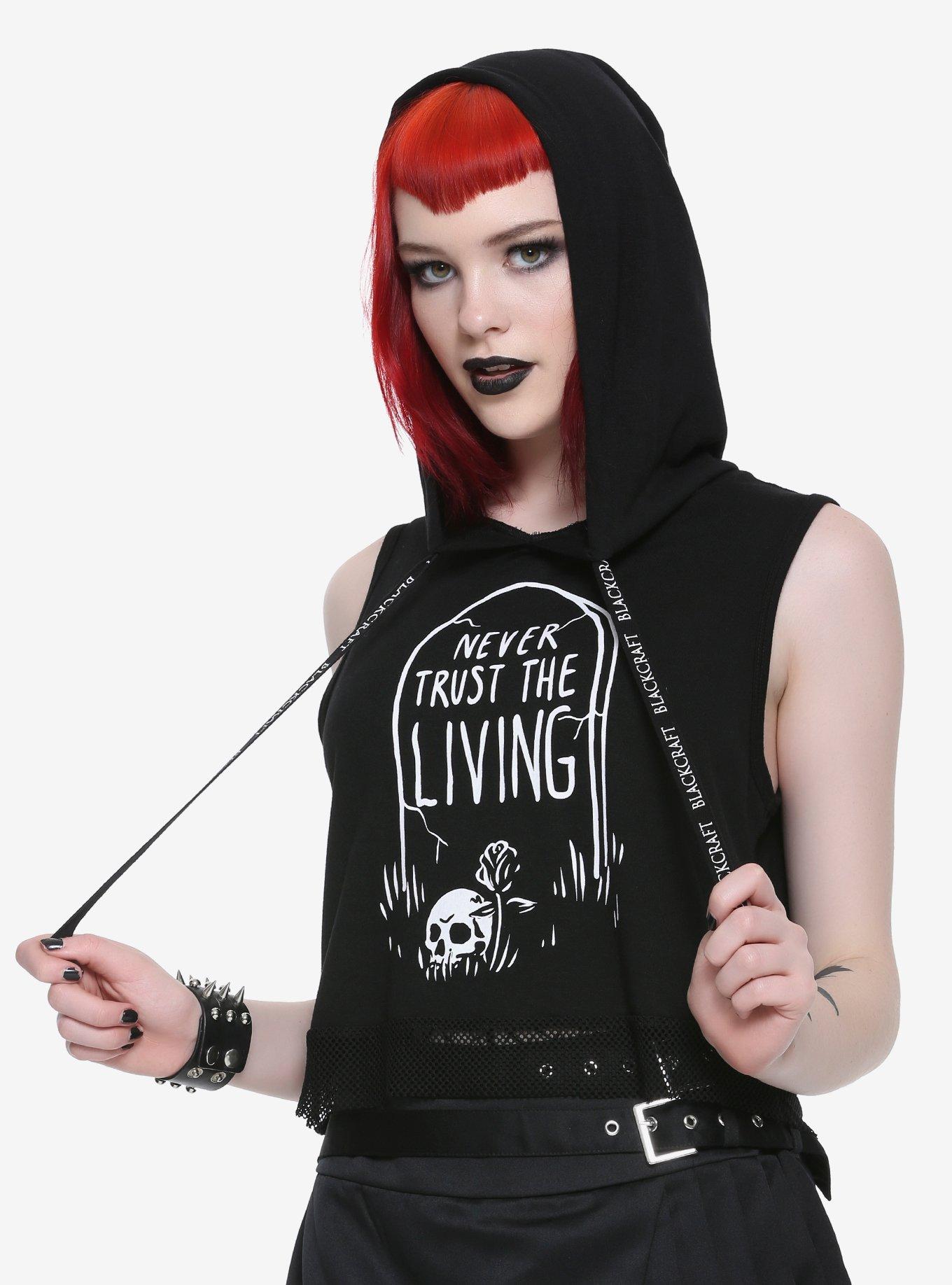 BlackCraft Never Trust The Living Girls Hooded Crop Muscle Top Hot Topic Exclusive, BLACK, hi-res