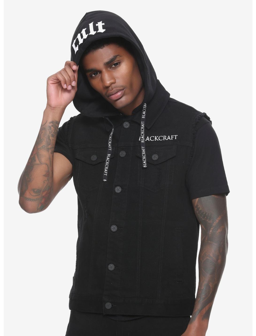 BlackCraft Hooded Denim Vest, BLACK, hi-res