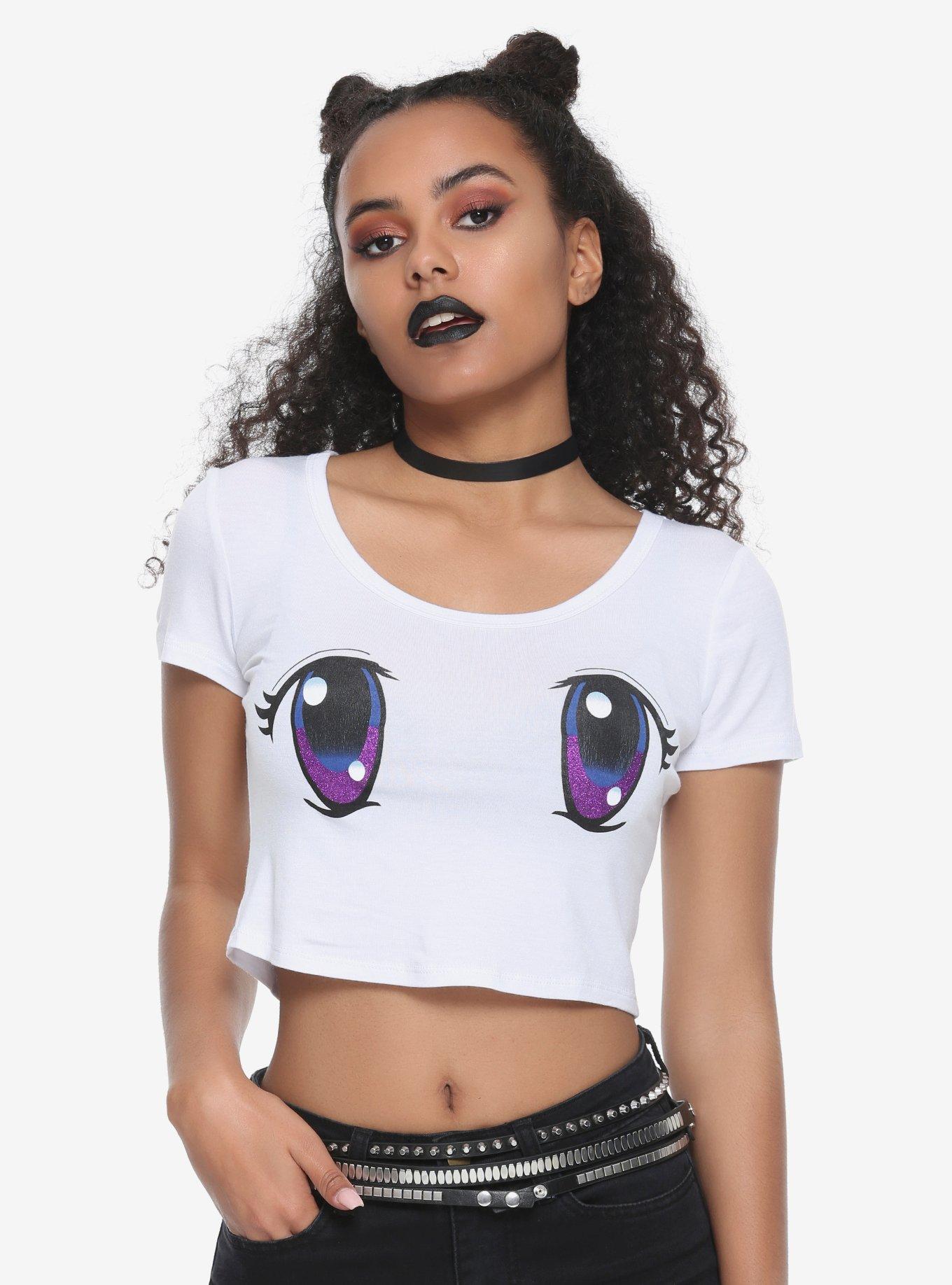 Purple Anime Eyes Girls Crop T-Shirt, BLACK, hi-res