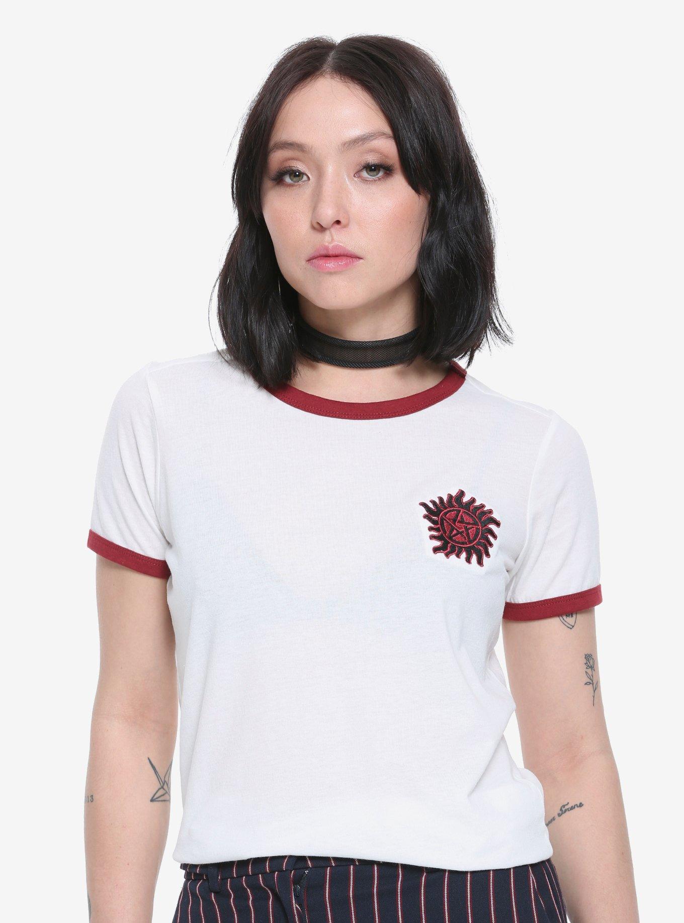 Supernatural Anti-Possession Symbol Embroidered Girls Ringer T-Shirt, BURGUNDY, hi-res