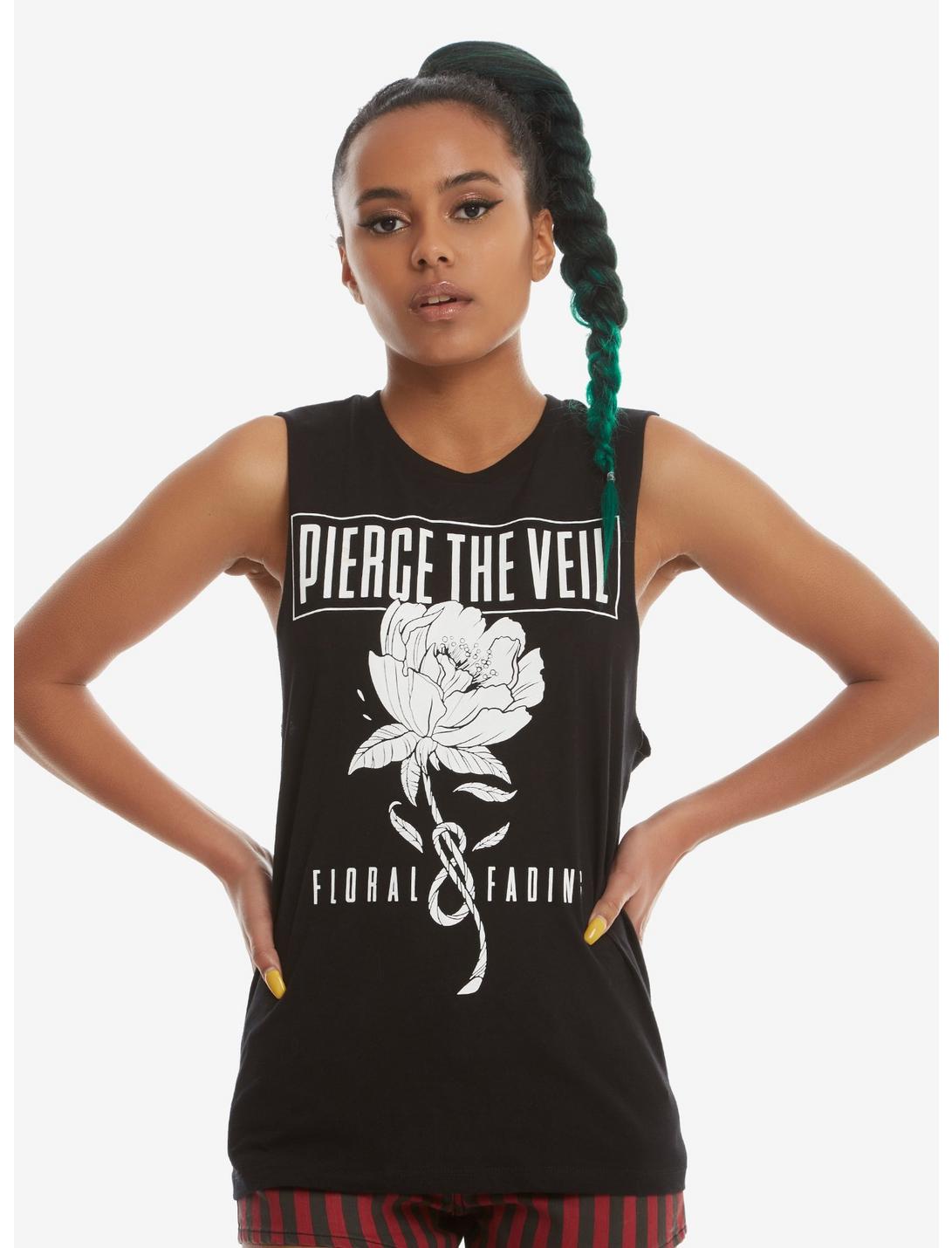 Pierce The Veil Floral & Fading Girls Muscle Top, BLACK, hi-res