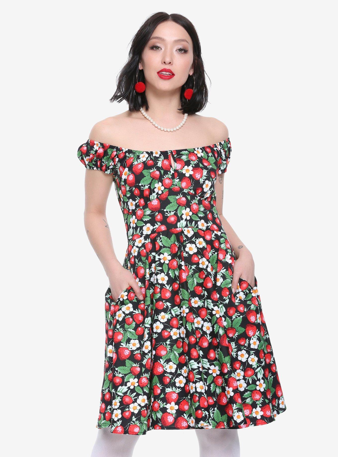 Black Strawberry Print Dress, RED, hi-res