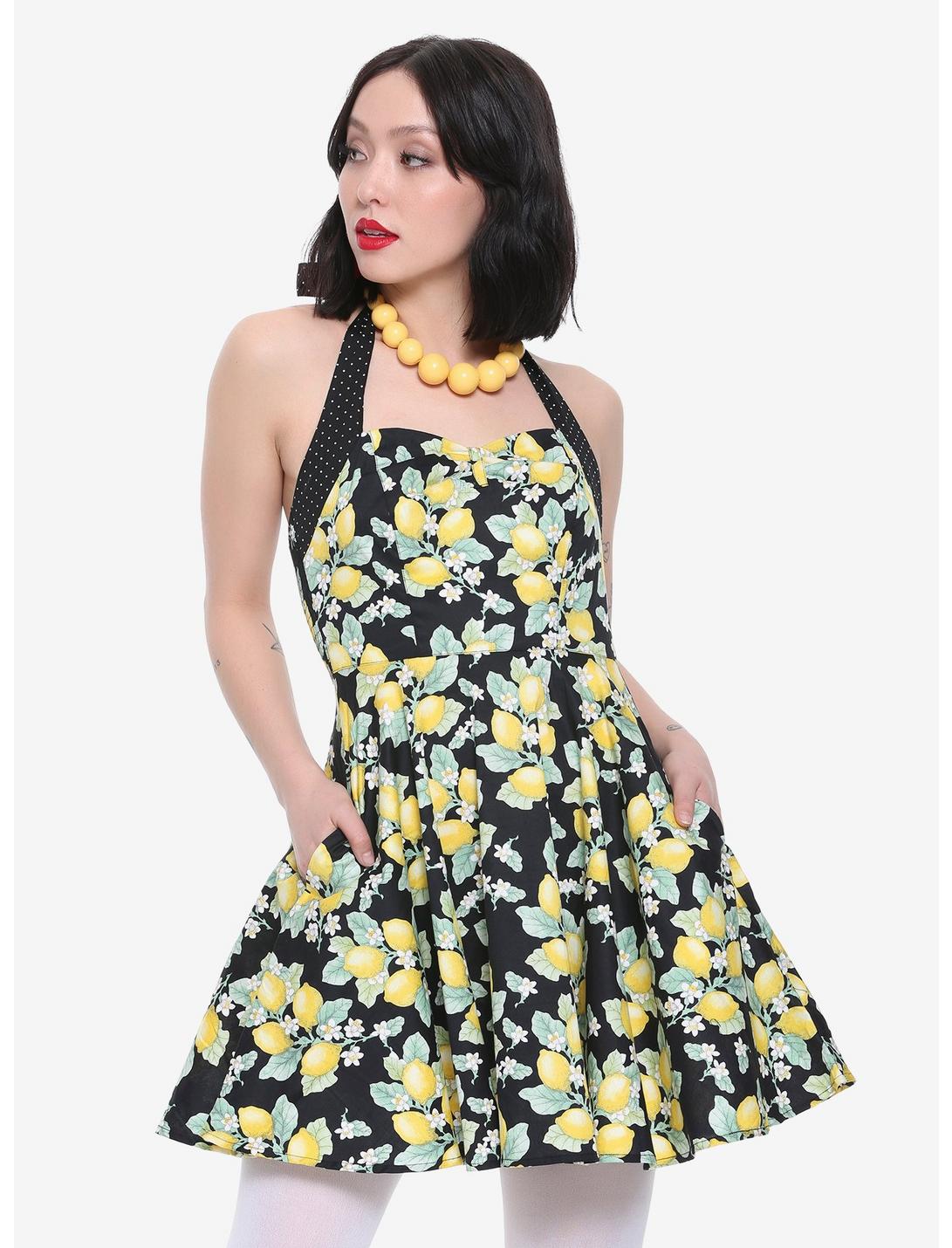 Lemon Print Halter Dress, BLACK, hi-res