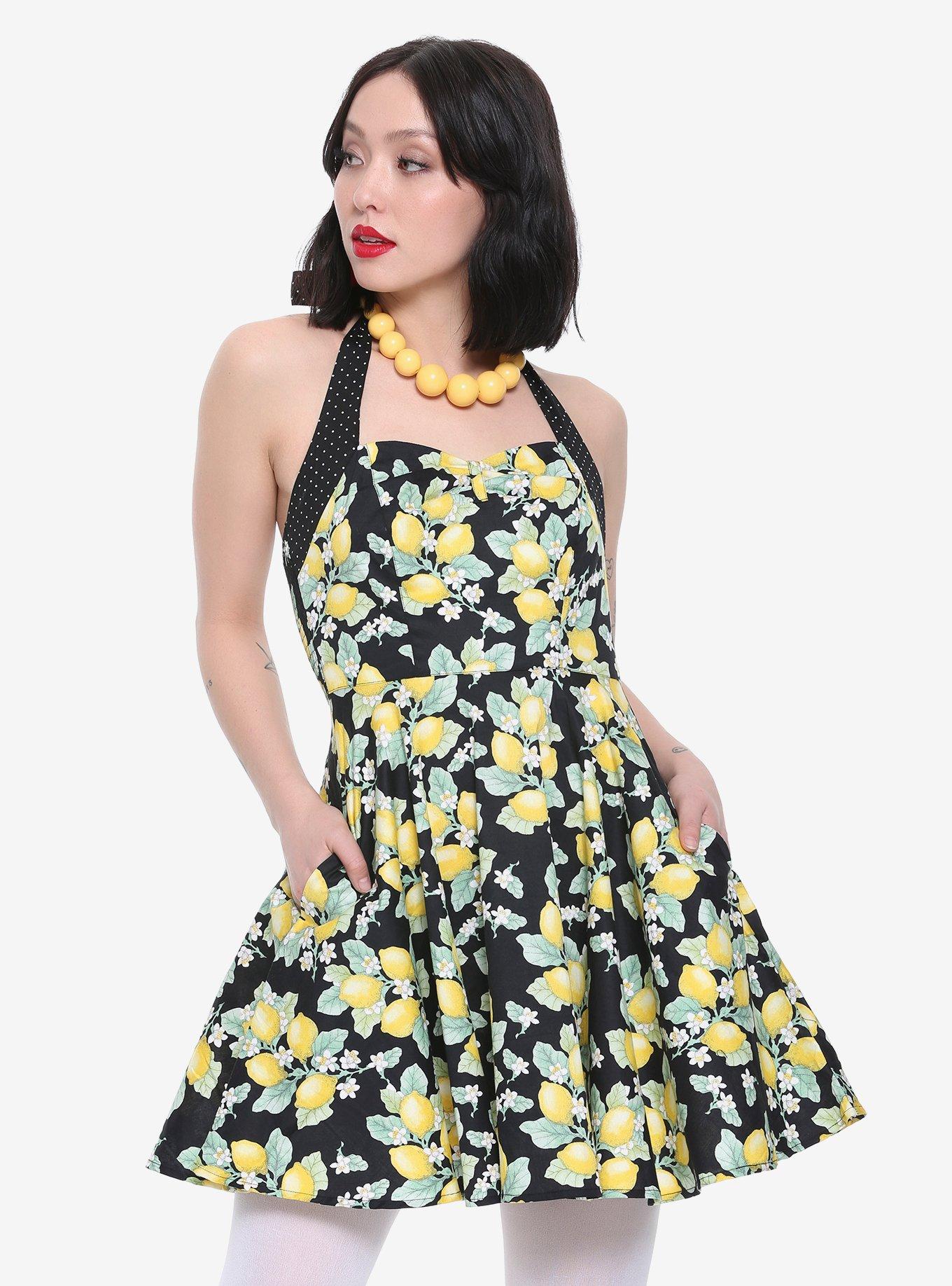 Lemon Print Halter Dress, BLACK, hi-res