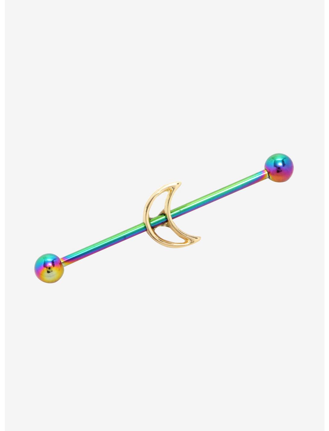 14G Steel Rainbow With Gold Moon Industrial Barbell, , hi-res