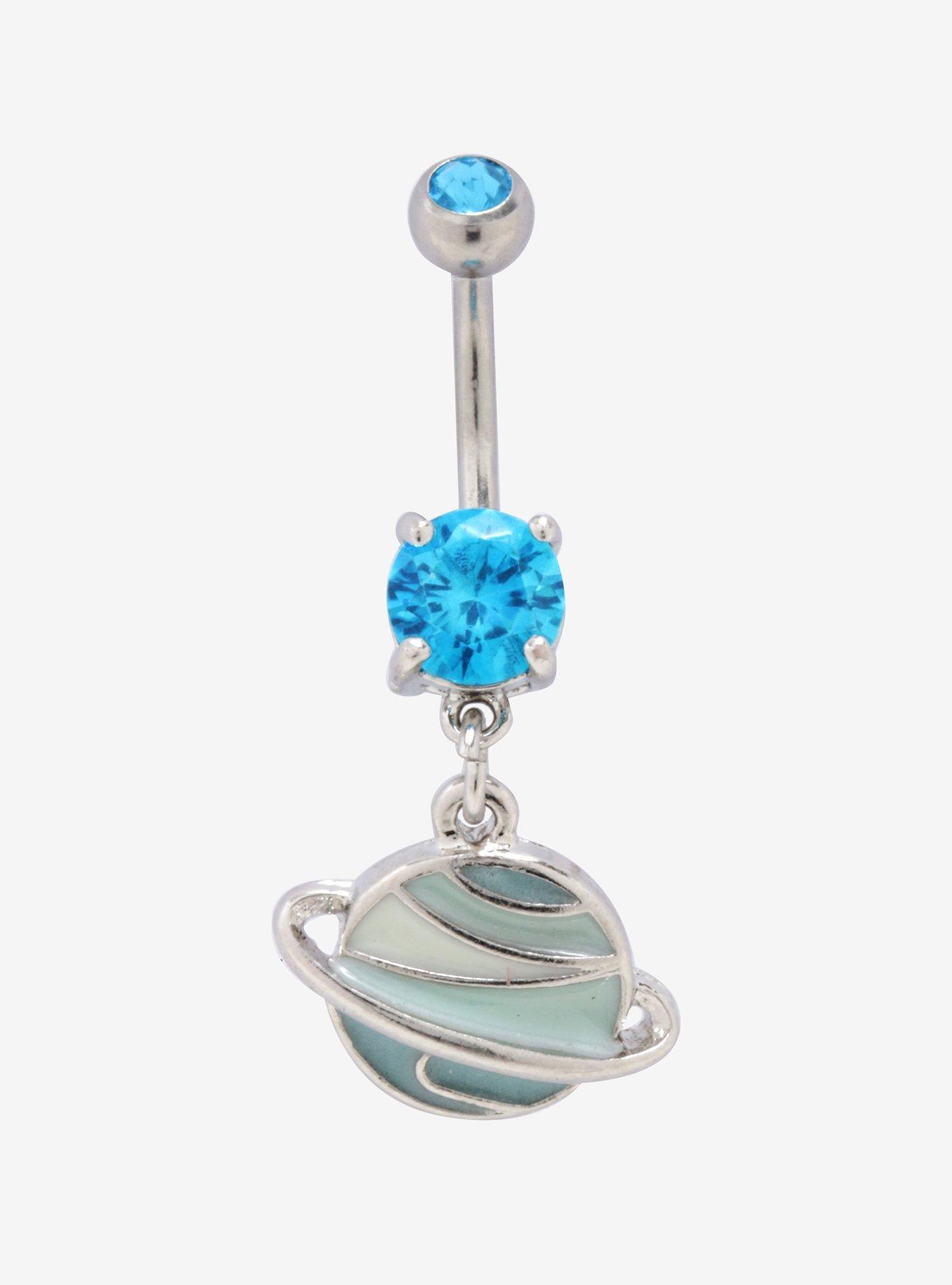 14G Steel Blue Glow-In-The-Dark Dangle Planet Navel Barbell, , hi-res