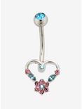 14G Steel Pink & Blue Floral Heart Curved Navel Barbell, , hi-res
