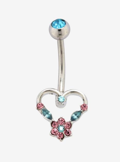 14G Steel Pink & Blue Floral Heart Curved Navel Barbell | Hot Topic