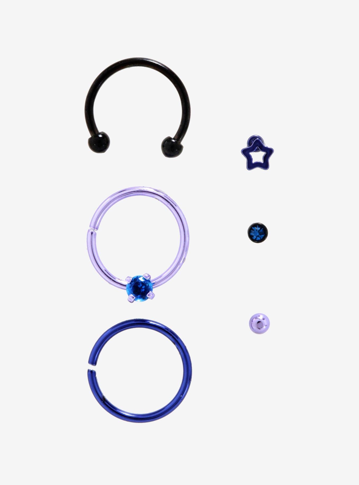 Steel Blue Purple Star Nose Stud Hoop 6 Pack, MULTI, hi-res