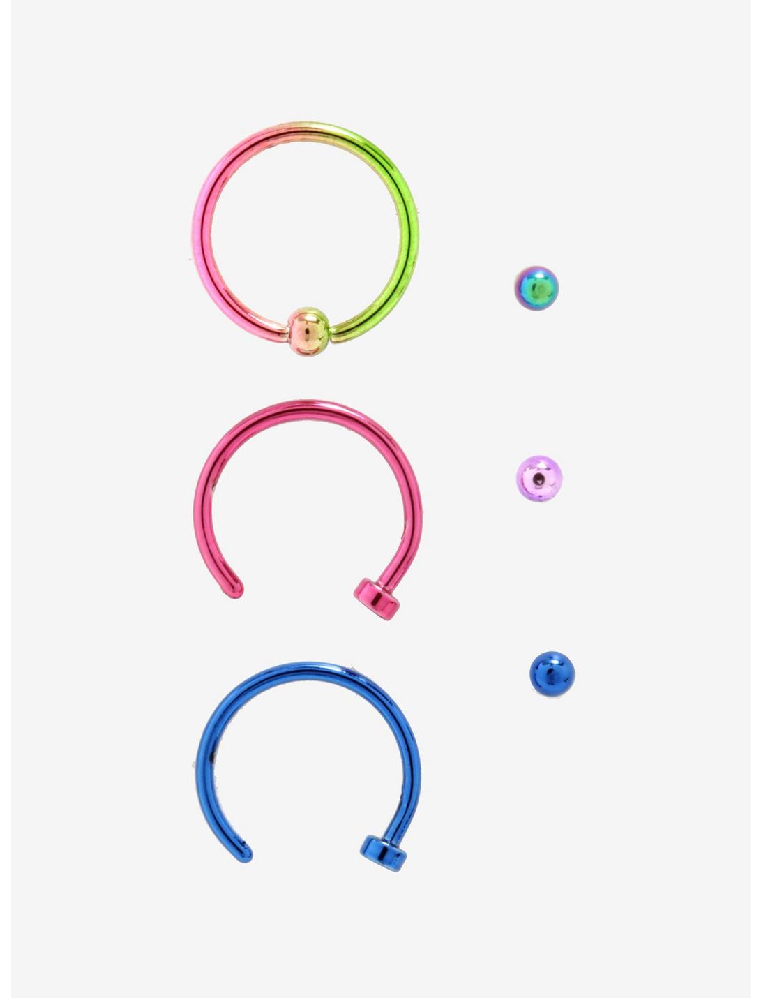 Steel Pink Blue & Rainbow Nose Stud Hoop 6 Pack, MULTI, hi-res