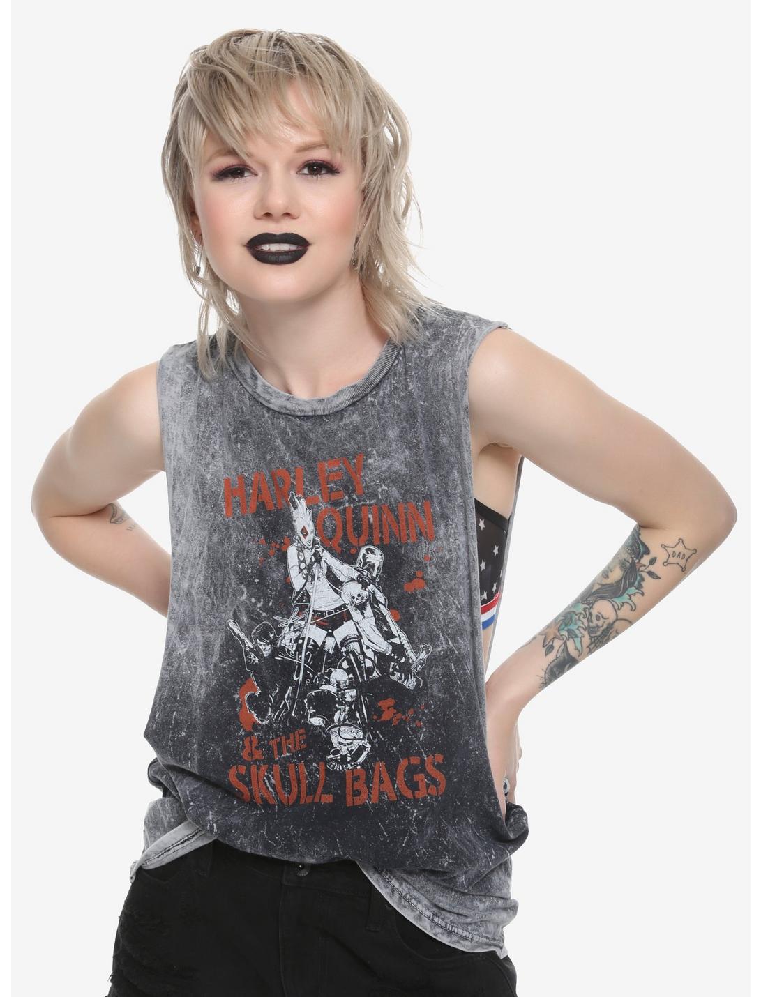 DC Comics Harley Quinn & The Skull Bags Girls Muscle Top, BLACK, hi-res