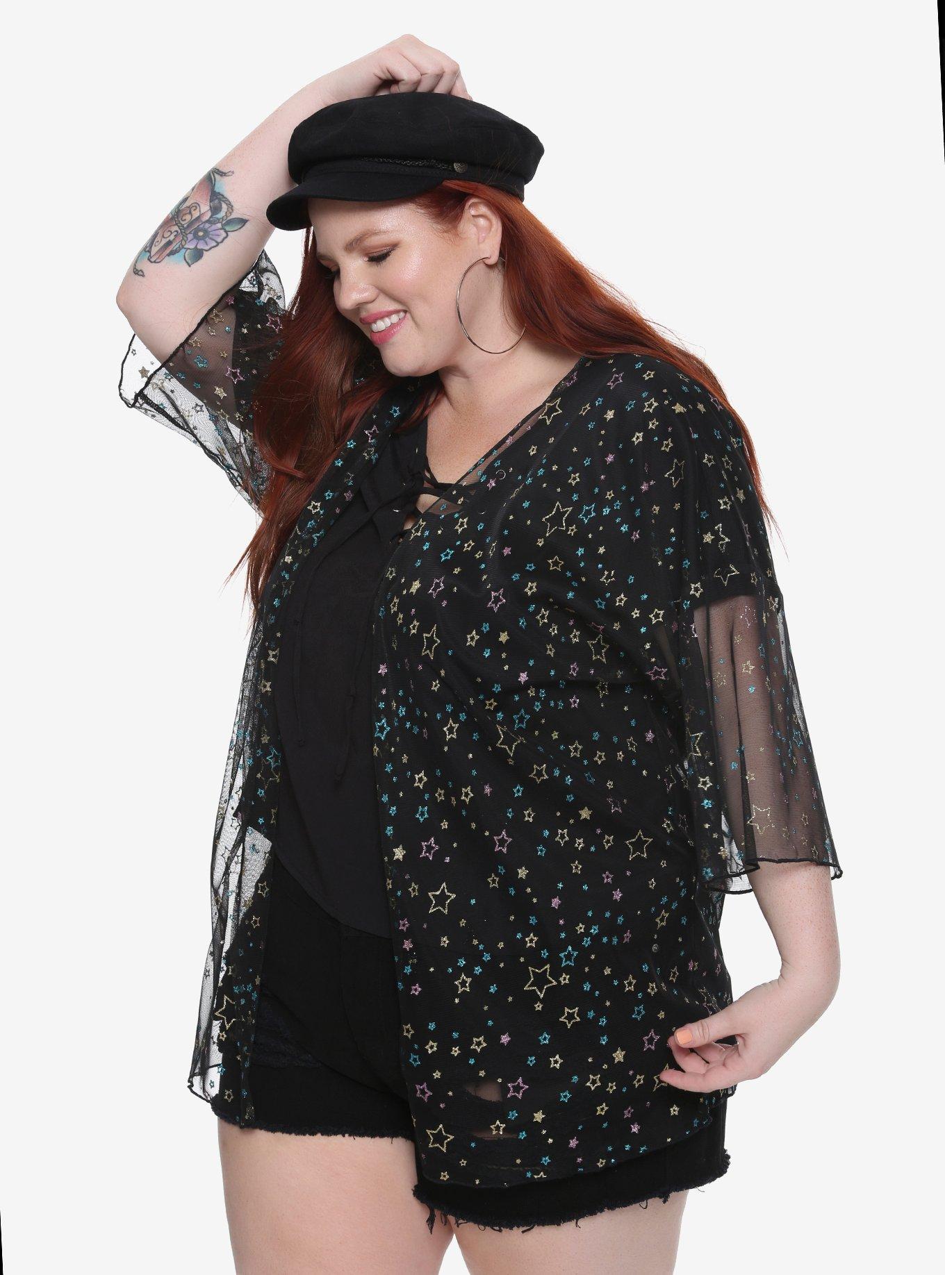 Black Glitter Star Sheer Kimono Plus Size, BLACK, hi-res