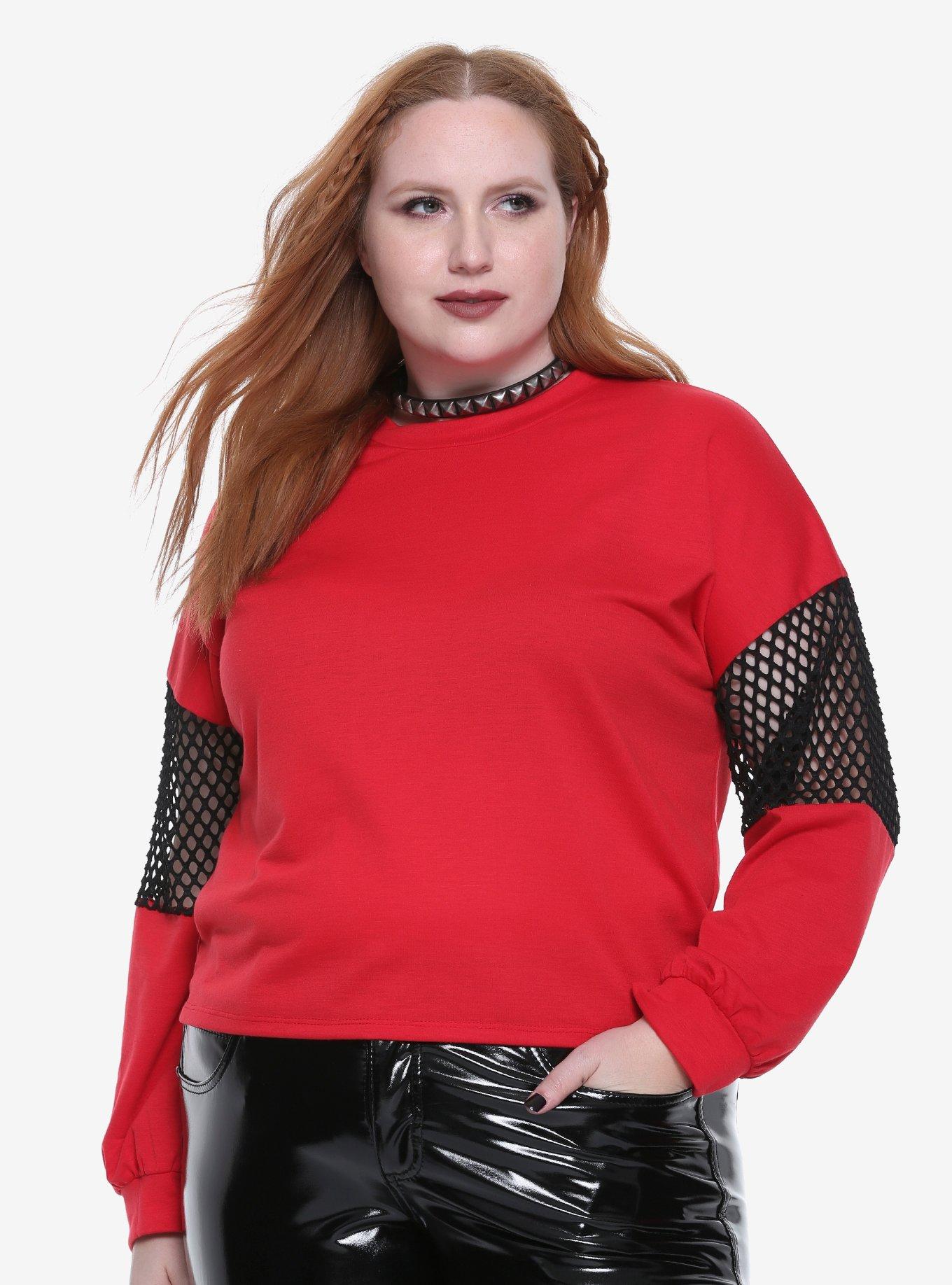Red & Black Fishnet Inset Sleeve Crop Girls Top Plus Size | Hot Topic