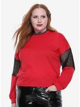 Red & Black Fishnet Inset Sleeve Crop Girls Top Plus Size, BURGUNDY, hi-res