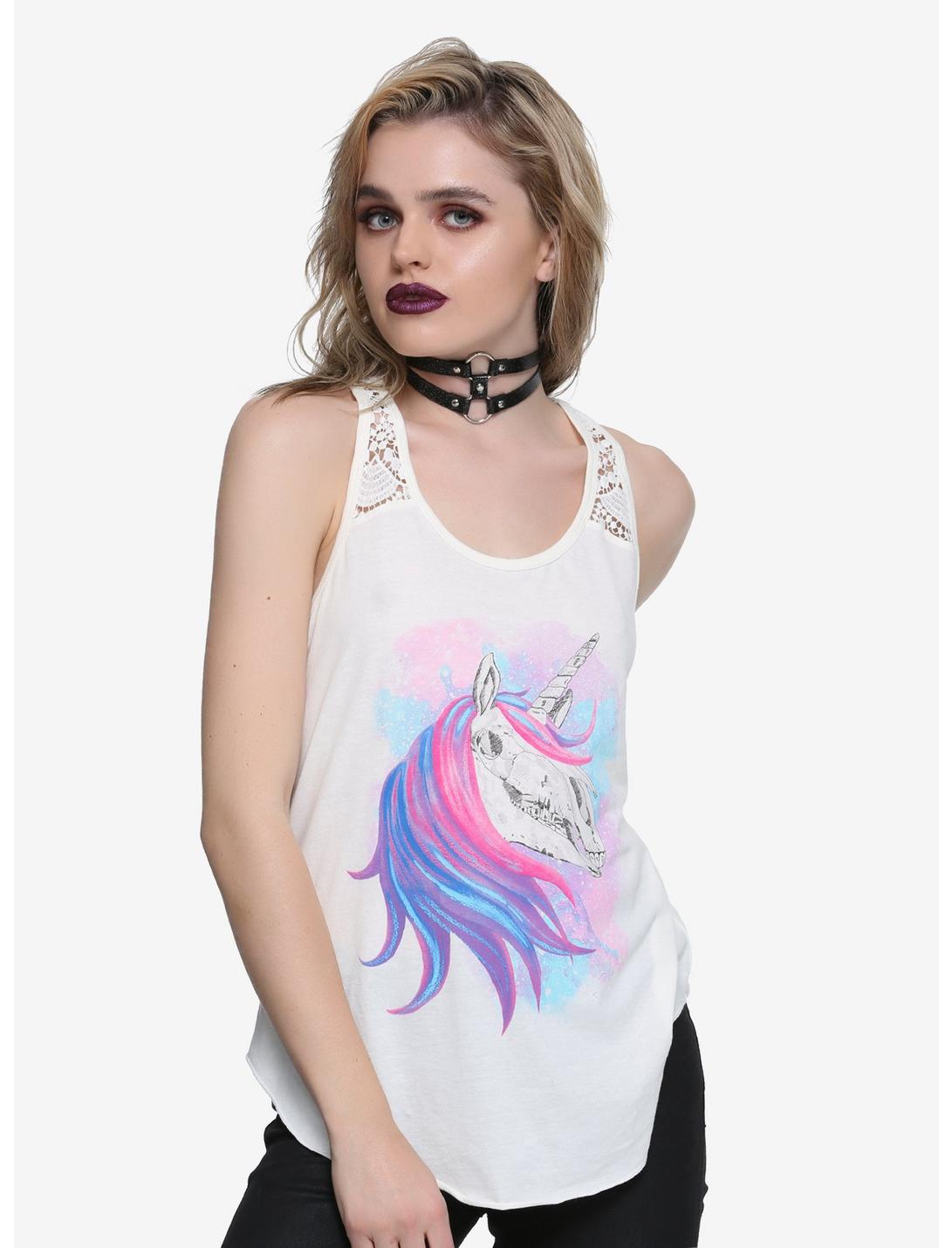 Rainbow Unicorn Skull Crochet Back Girls Tank Top, WHITE, hi-res