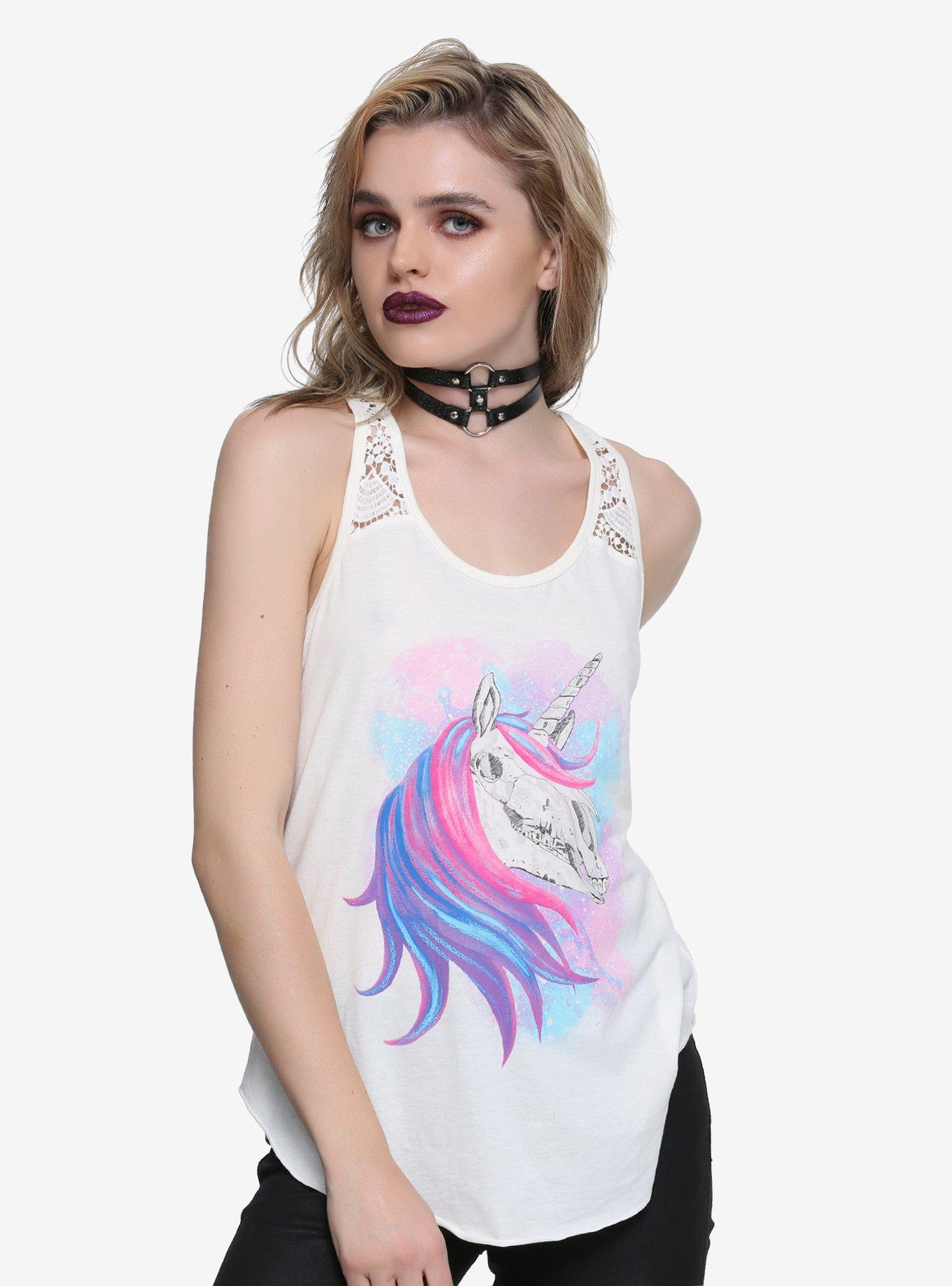 Rainbow Unicorn Skull Crochet Back Girls Tank Top, WHITE, hi-res