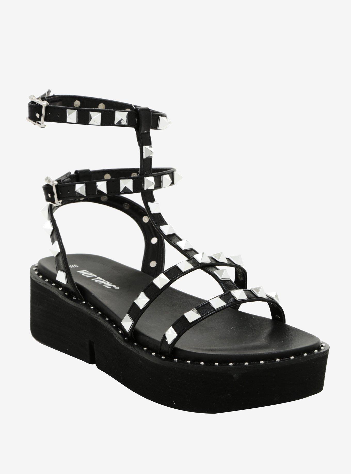 Black Studded Strappy Flatform Sandals, BLACK, hi-res