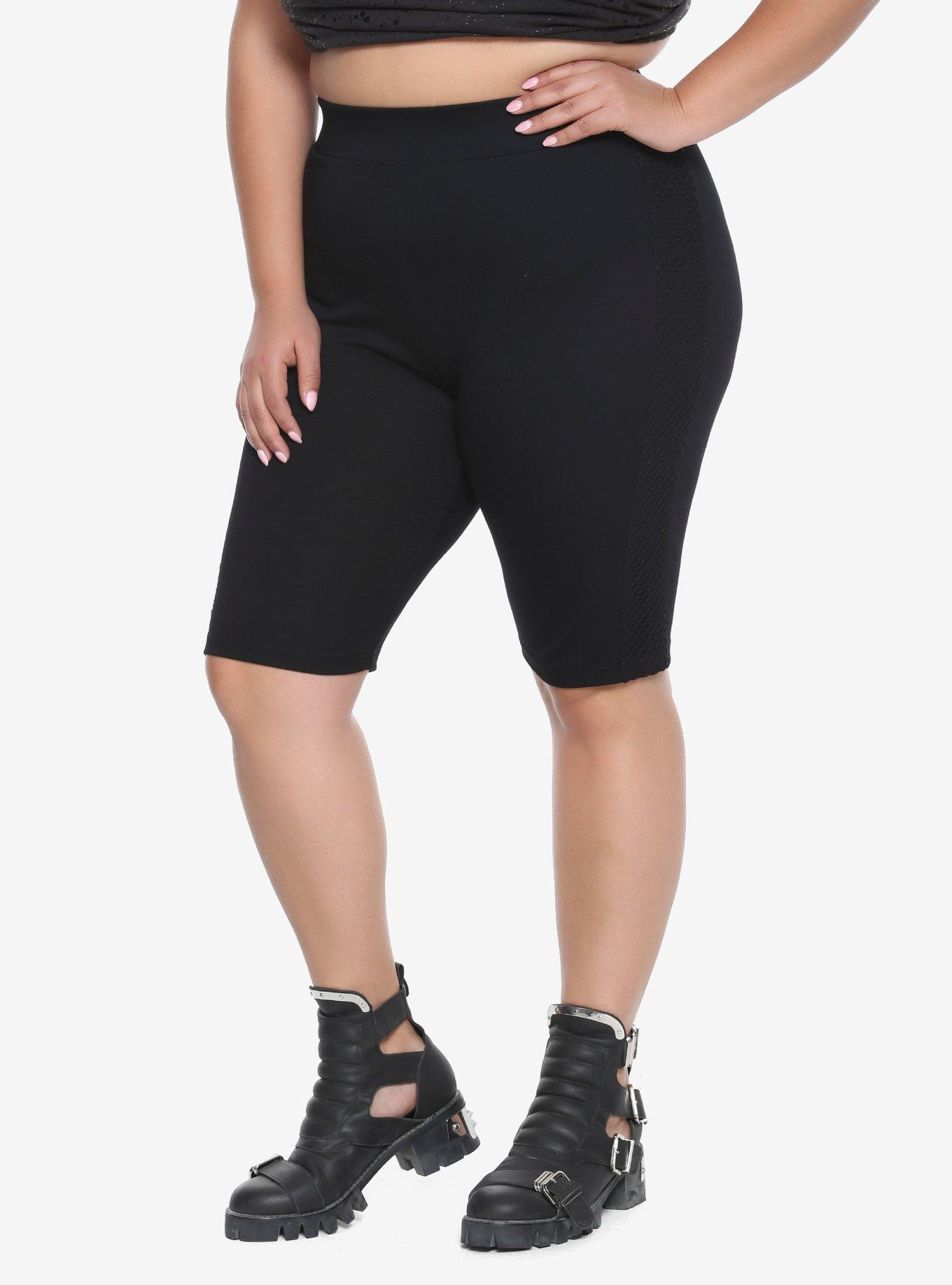 Black Fishnet Stripe Biker Shorts Plus Size, BLACK, hi-res