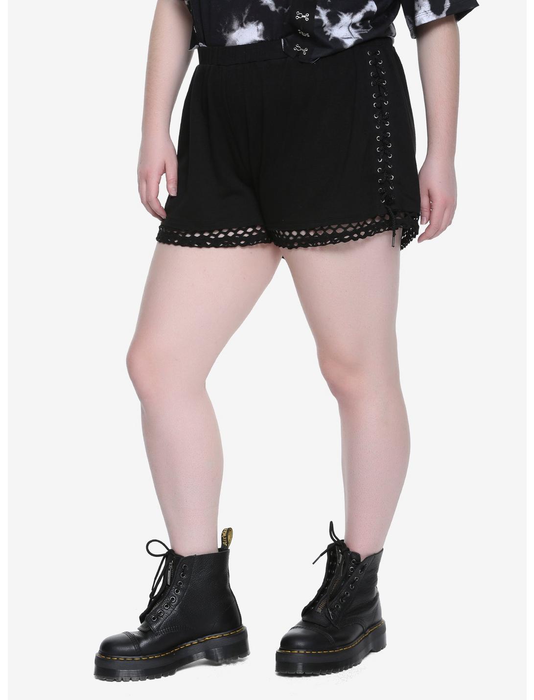 Black Lace-Up Side Mesh Inset Shorts Plus Size, BLACK, hi-res