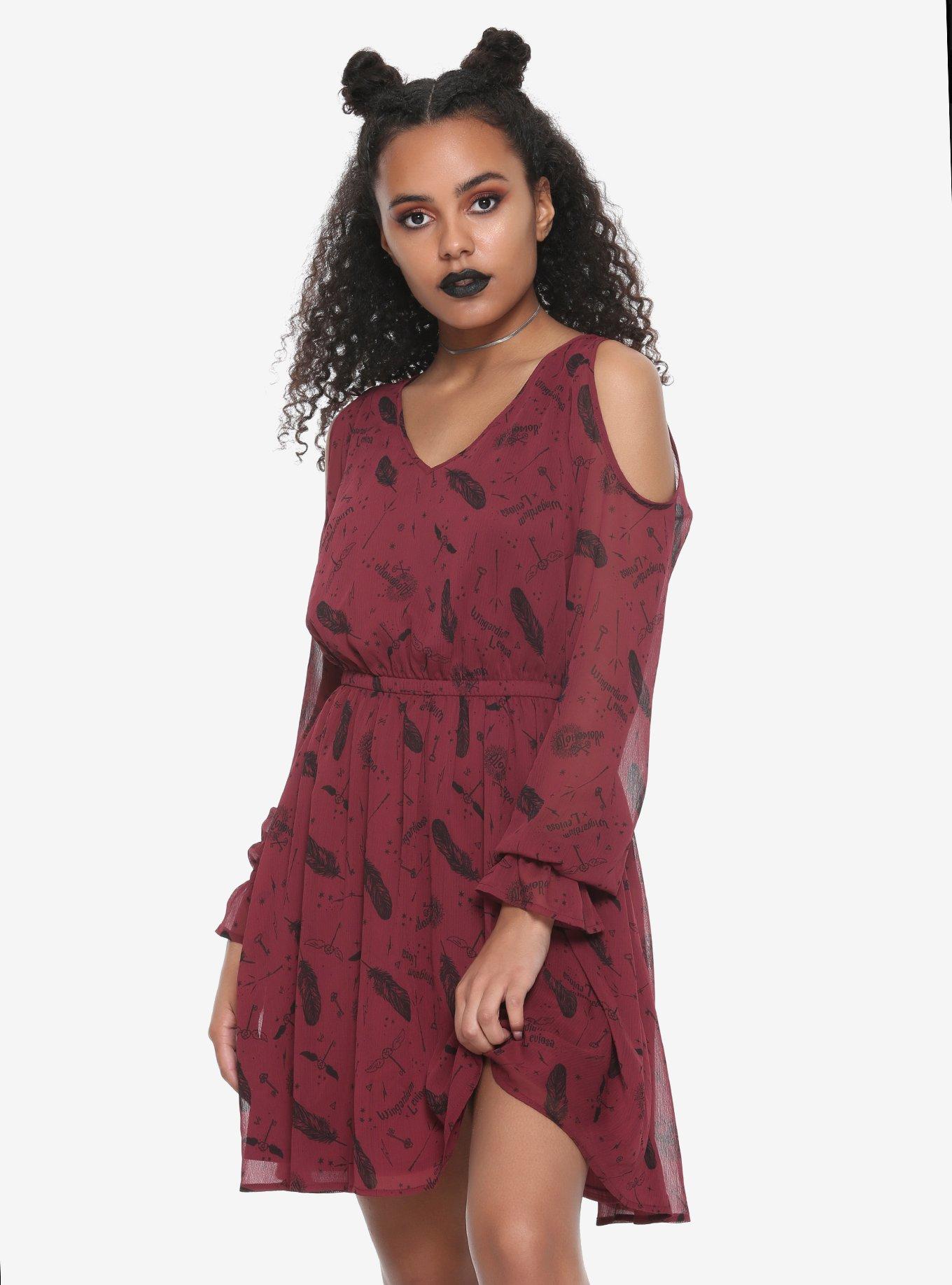 Harry Potter Sheer Cold Shoulder Dress, BURGUNDY, hi-res