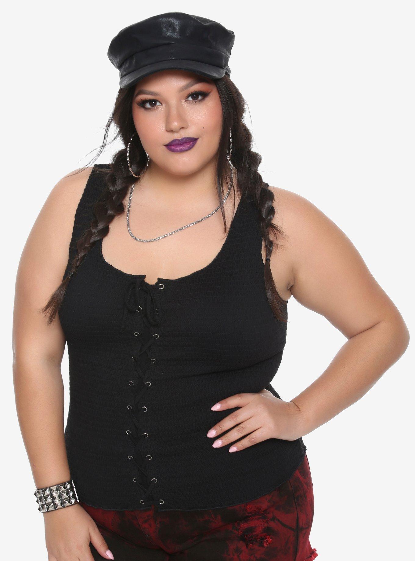 Black Smocked Lace-Up Girls Tank Top Plus Size, BLACK, hi-res