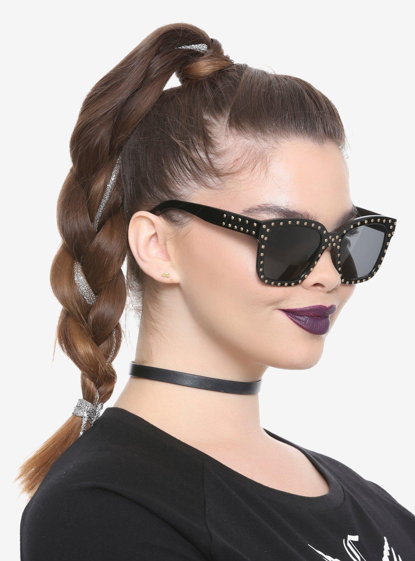 Gold Studded Black Square Frame Sunglasses, , hi-res