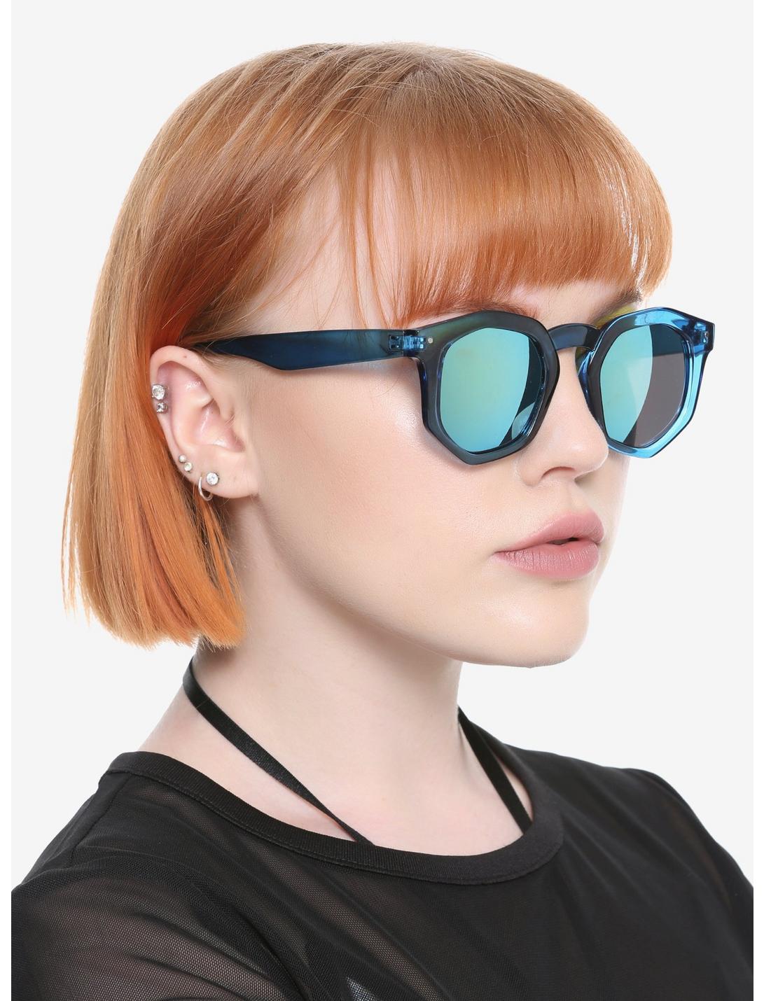 Blue Plastic Round Sunglasses, , hi-res