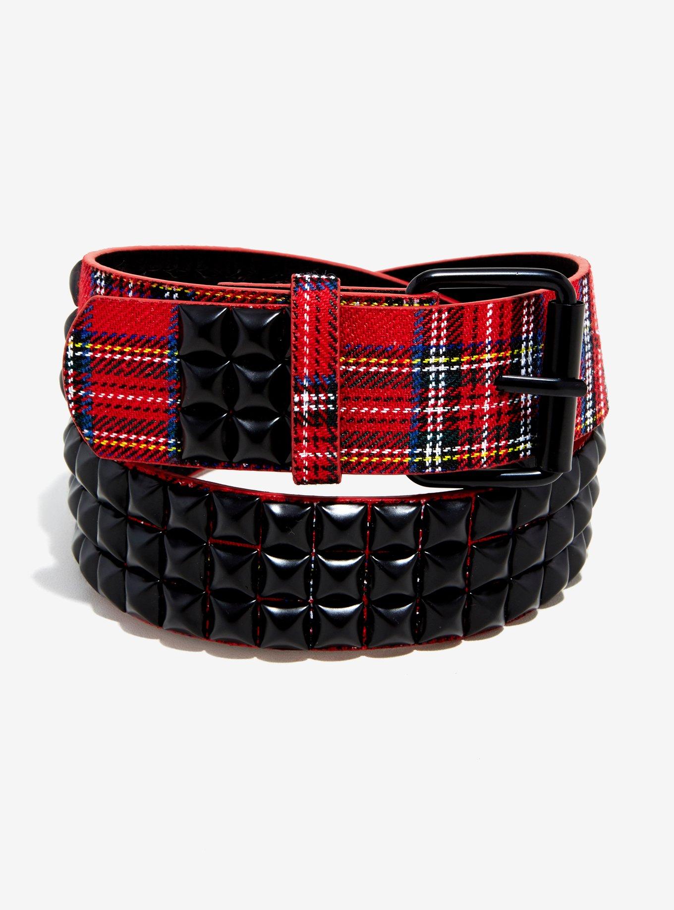 Red Plaid Black Studded Belt, MULTI, hi-res