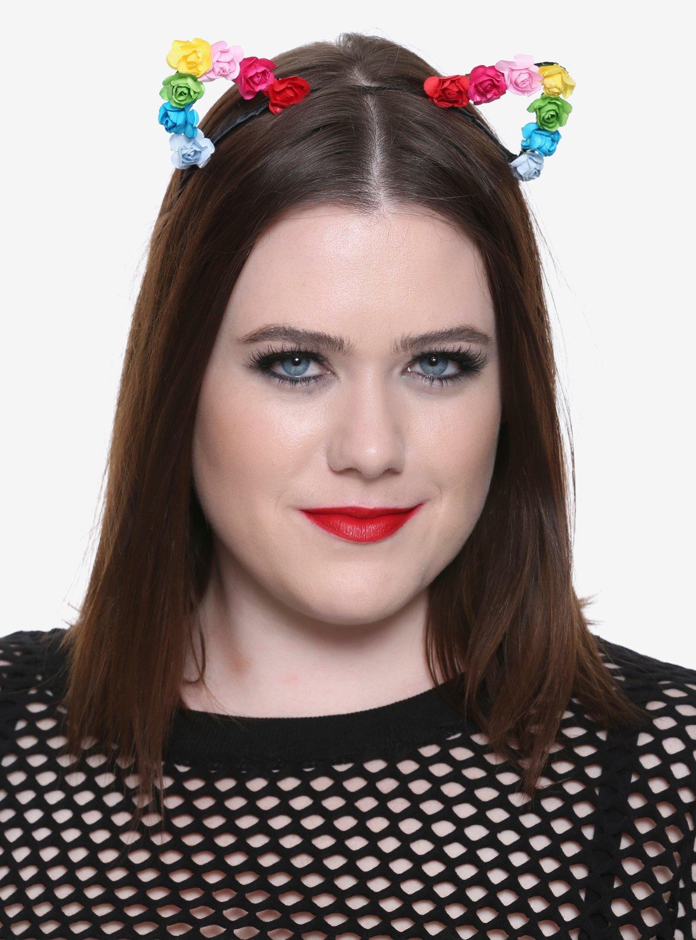 Blackheart Rainbow Flower Cat Ear Headband, , hi-res