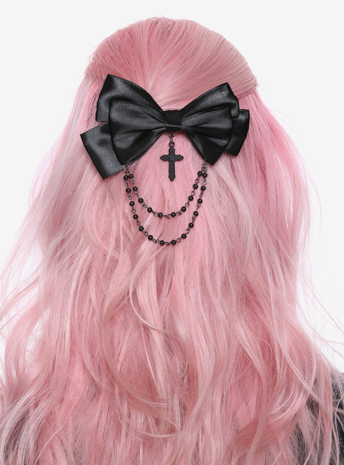 Black Cross & Beads Hair Bow, , hi-res
