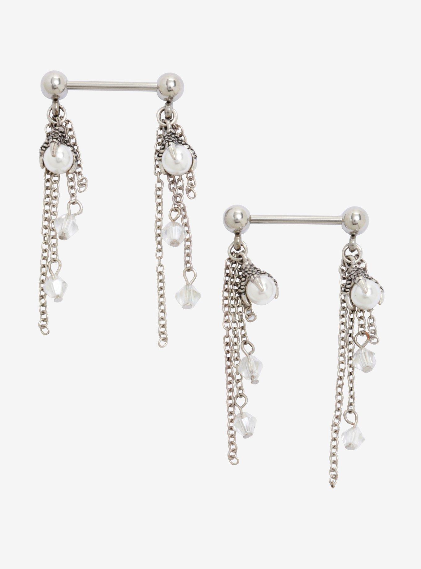 14G Steel Pearl Talon & Crystal Dangle Nipple Barbell 2 Pack, , hi-res