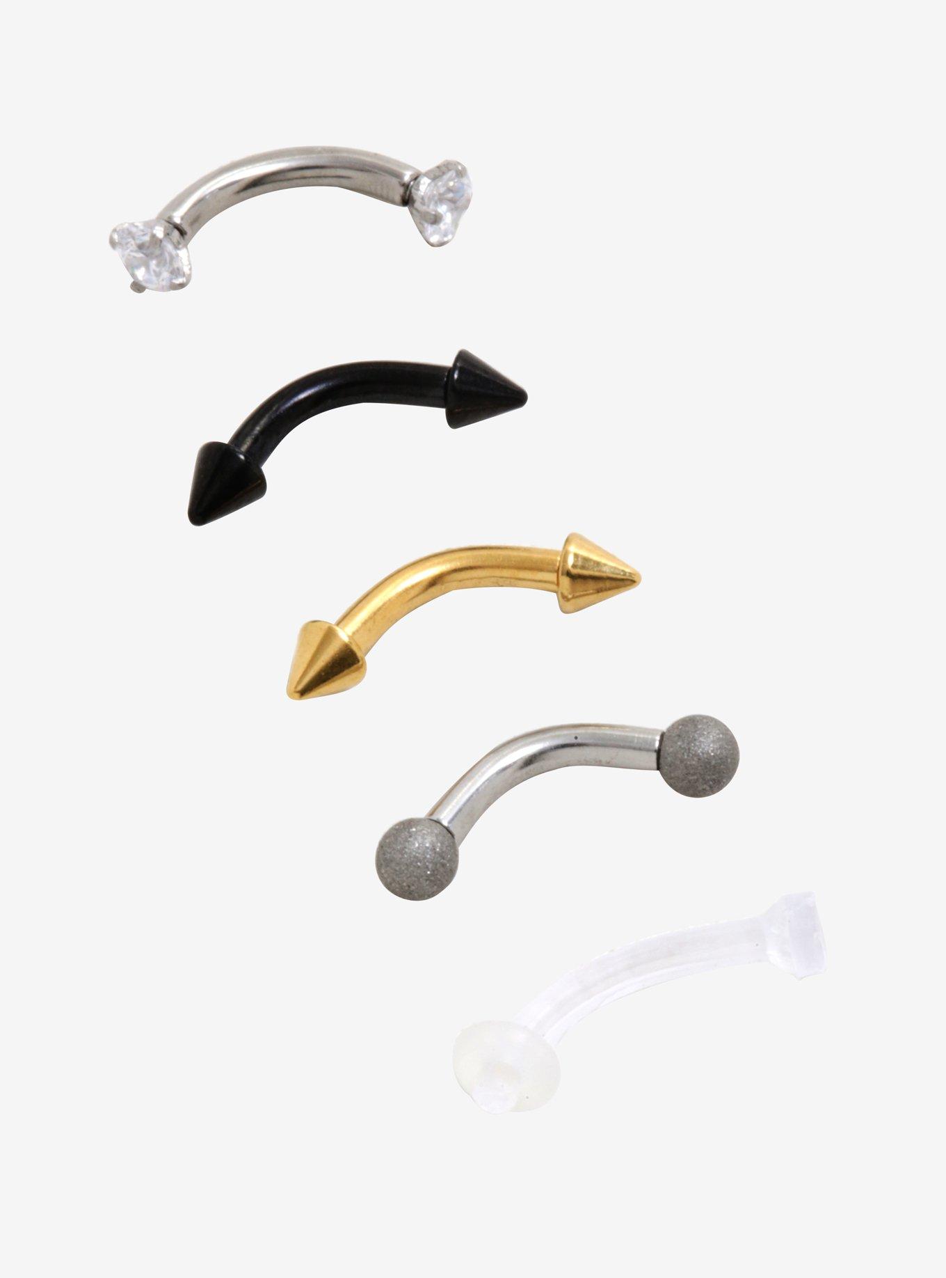 Steel Mixed Metal & Retainer Eyebrow Barbell 5 Pack, MULTI, hi-res