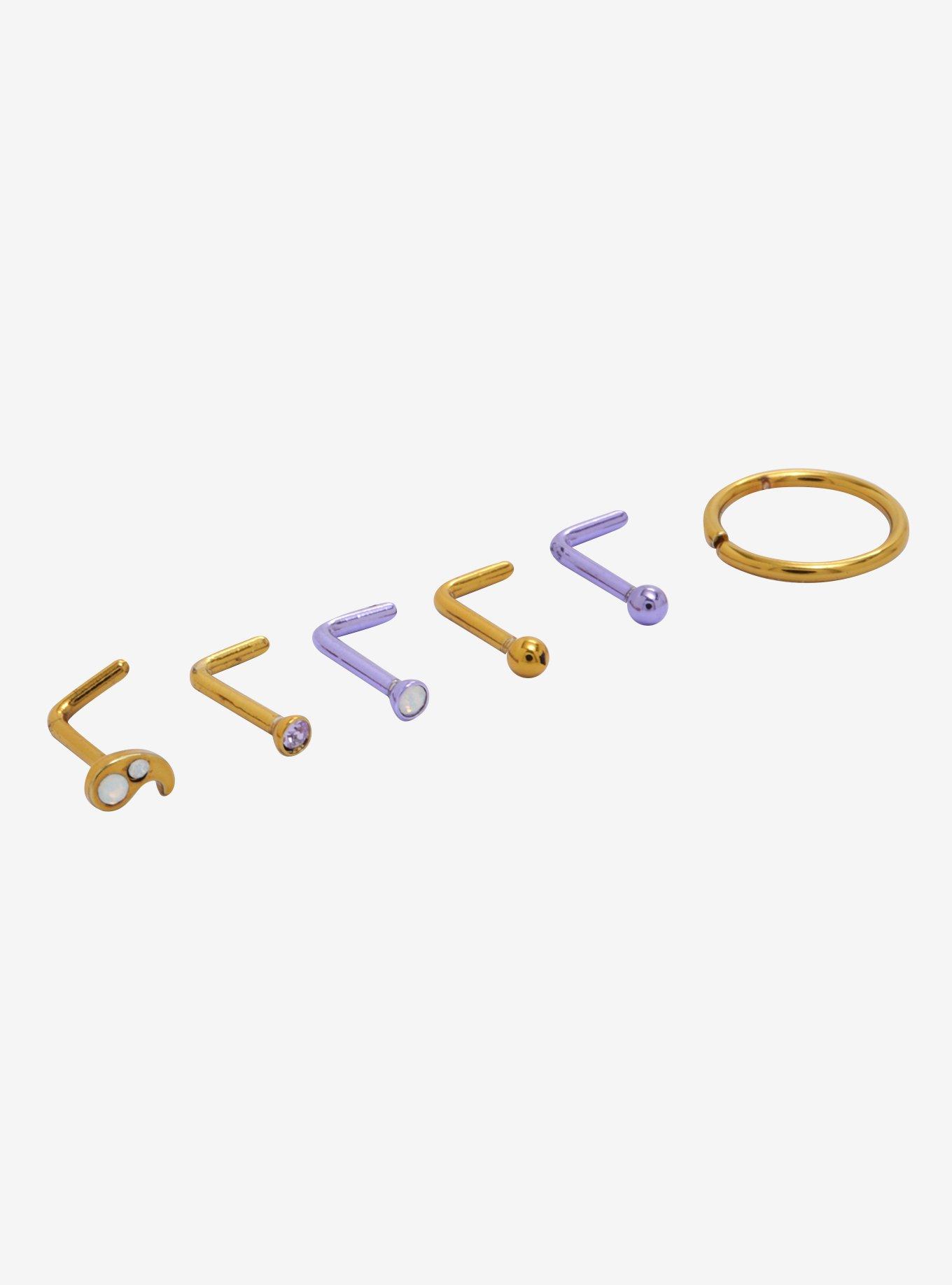Steel Gold & Purple Comma Nose Bone & Hoop 6 Pack, MULTI, hi-res