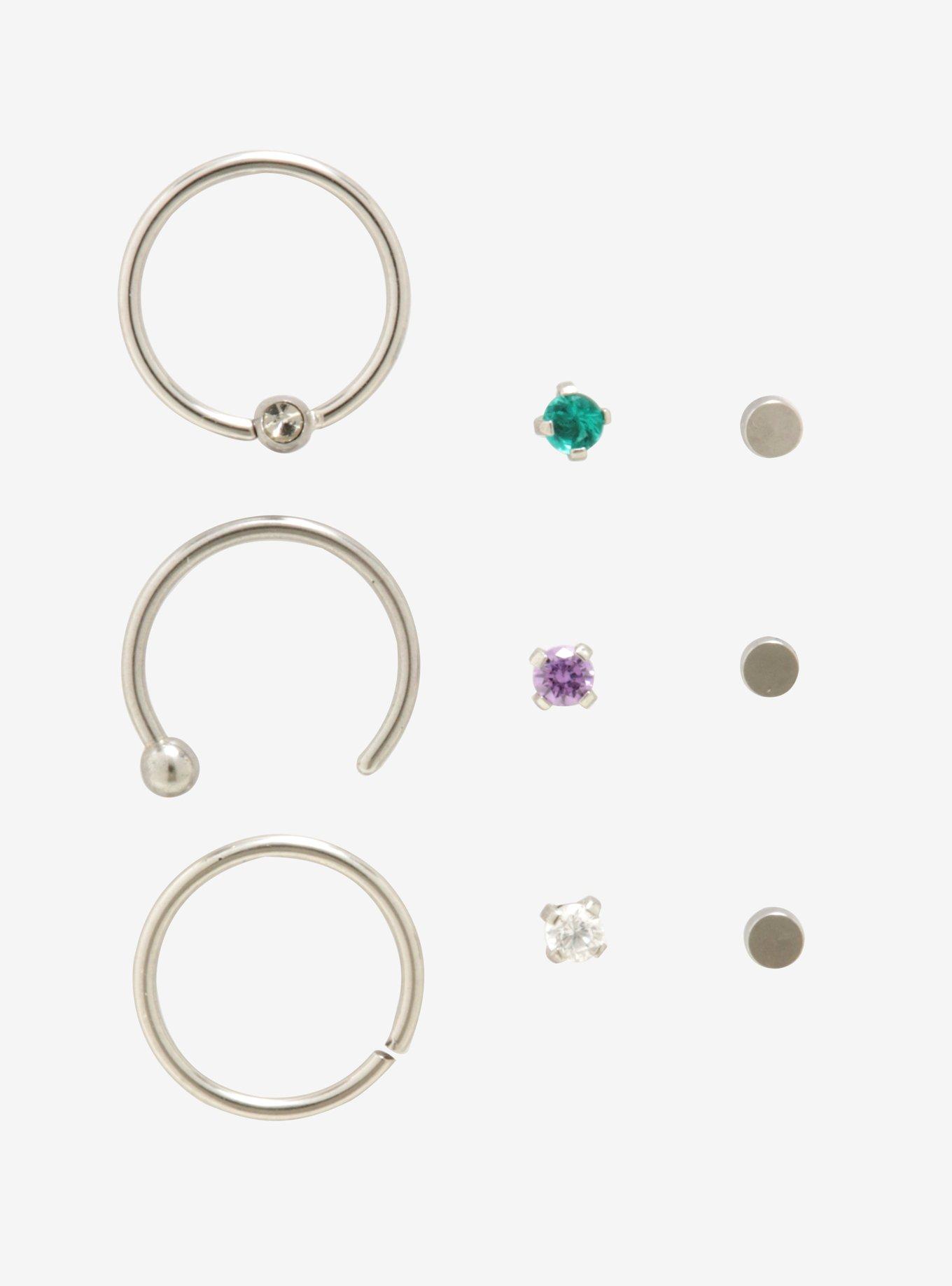 Steel Prong Gem Flat Bead Nose Stud & Hoop 9 Pack, MULTI, hi-res