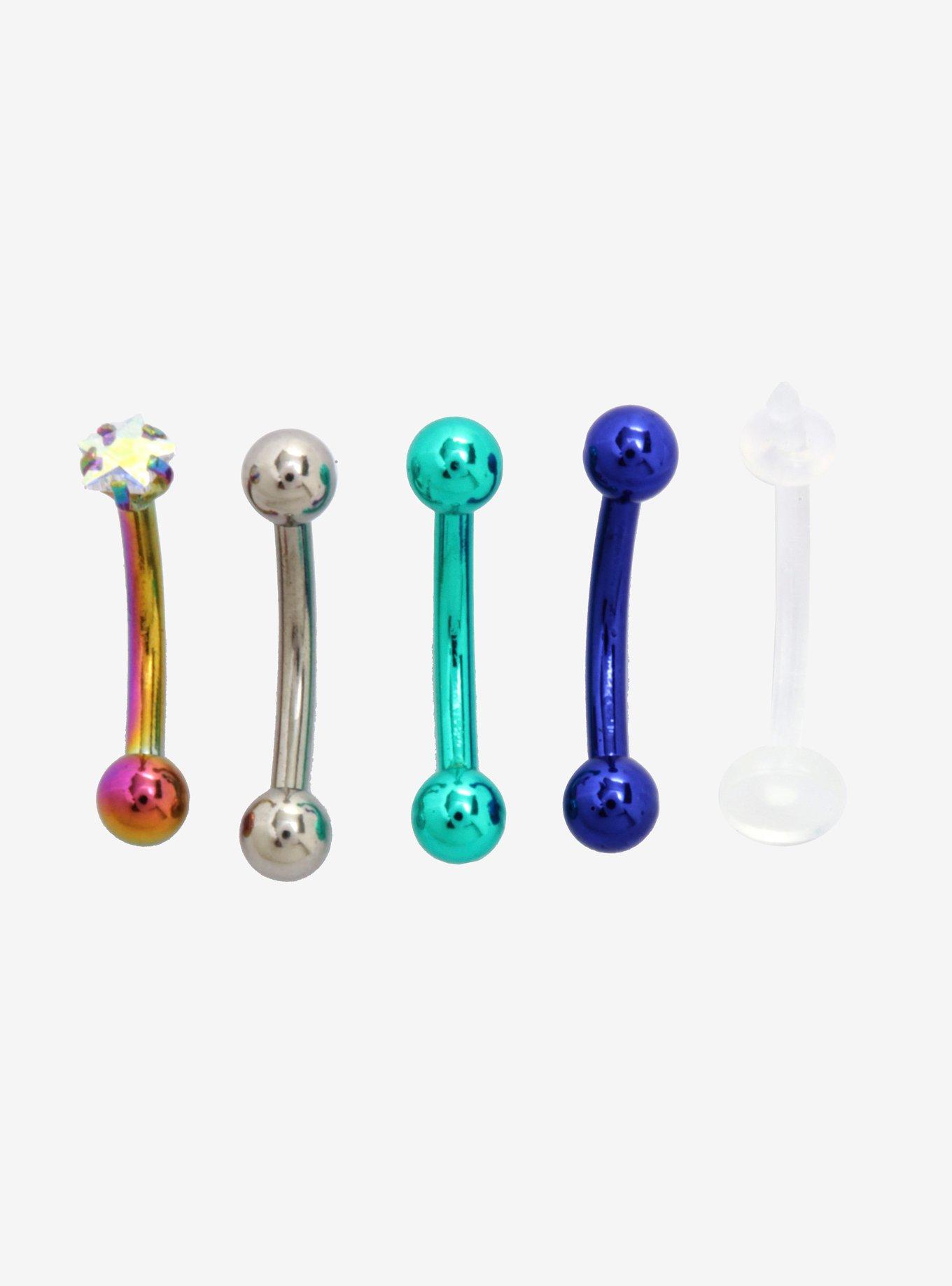 Steel Anodized Teal Blue Eyebrow Barbell & Retainer 5 Pack, MULTI, hi-res