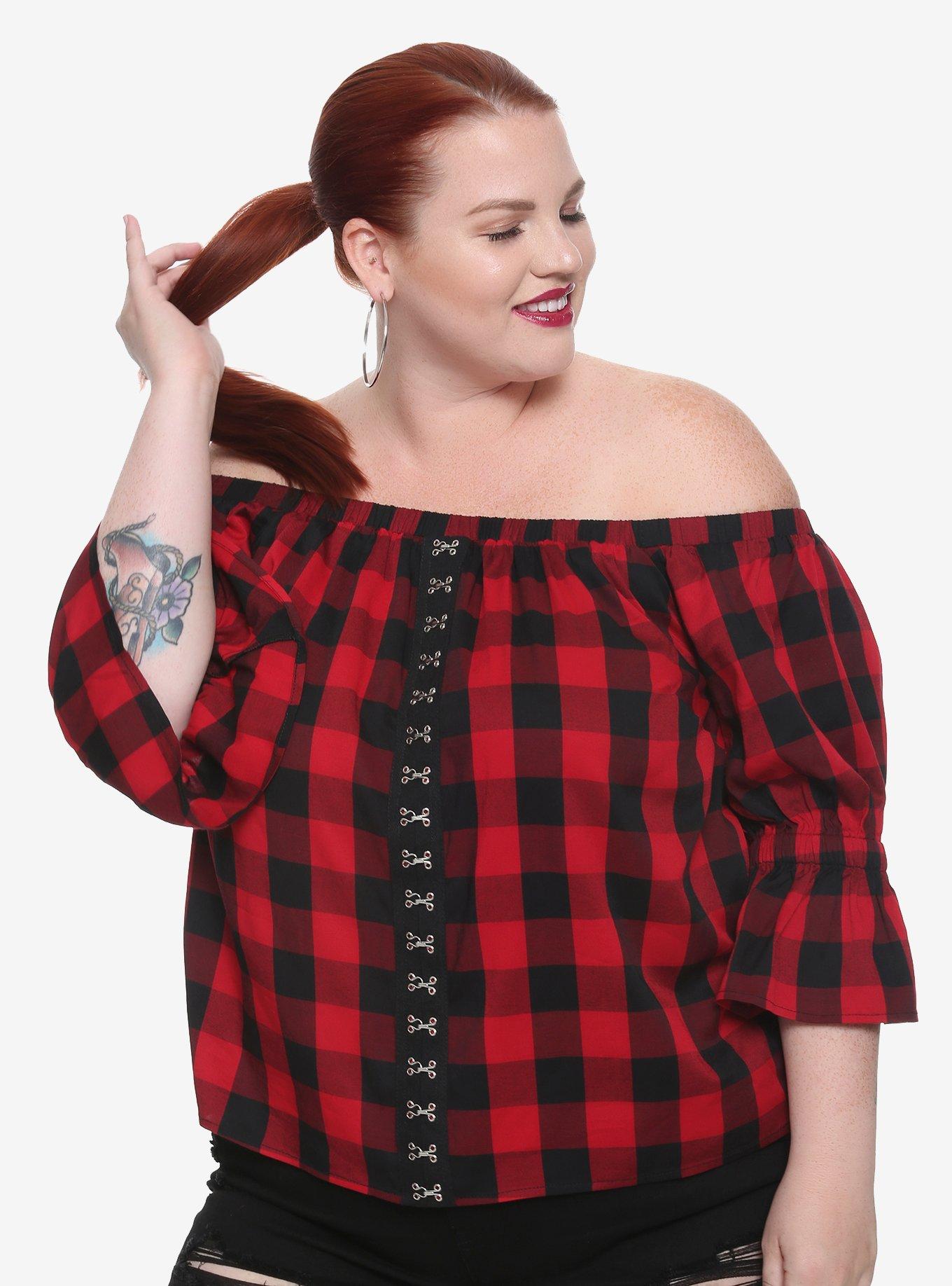 Buffalo plaid off online shoulder top