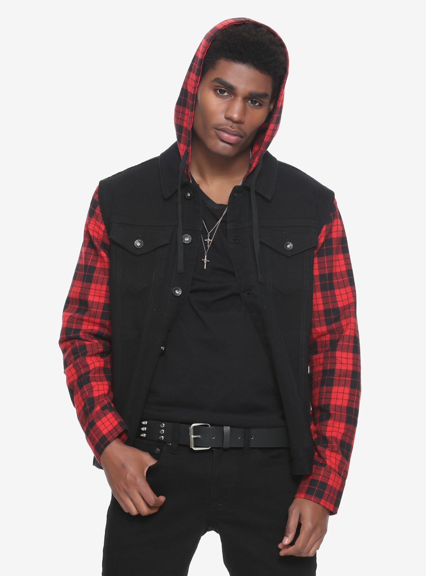 Rude Red & Black Plaid Denim Jacket, RED, hi-res