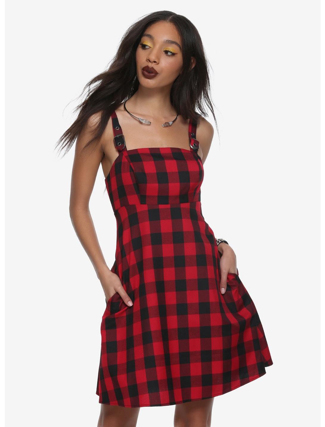 Red & Black Buffalo Plaid Buckle Strap Dress, RED, hi-res