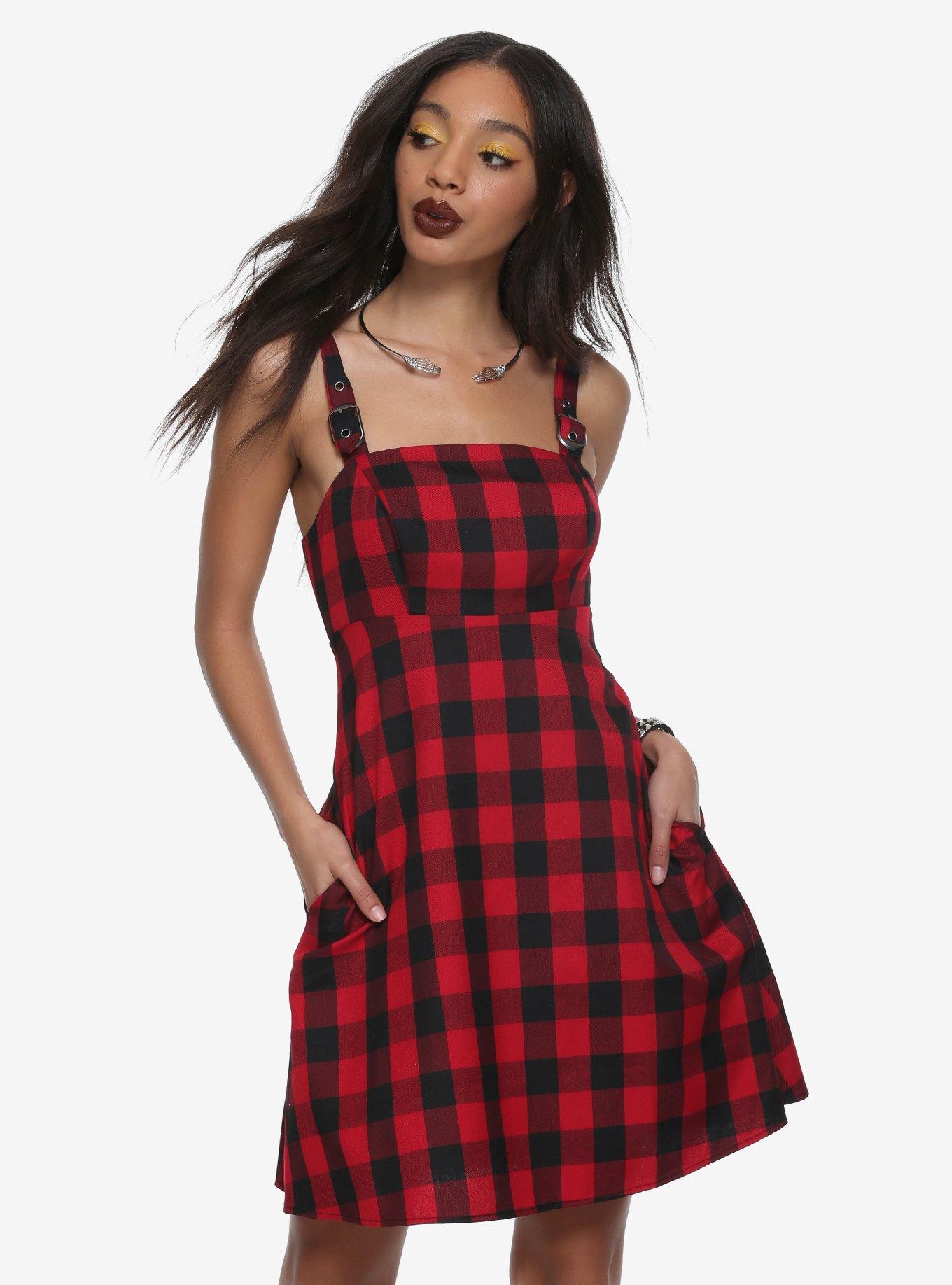 Red & Black Buffalo Plaid Buckle Strap Dress, RED, hi-res