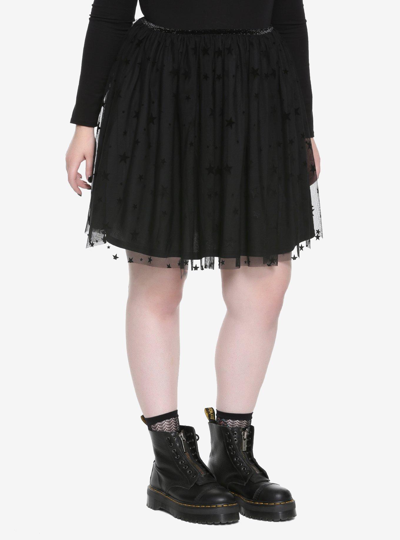 Black Velvet Star Mesh Skirt Plus Size, BLACK, hi-res