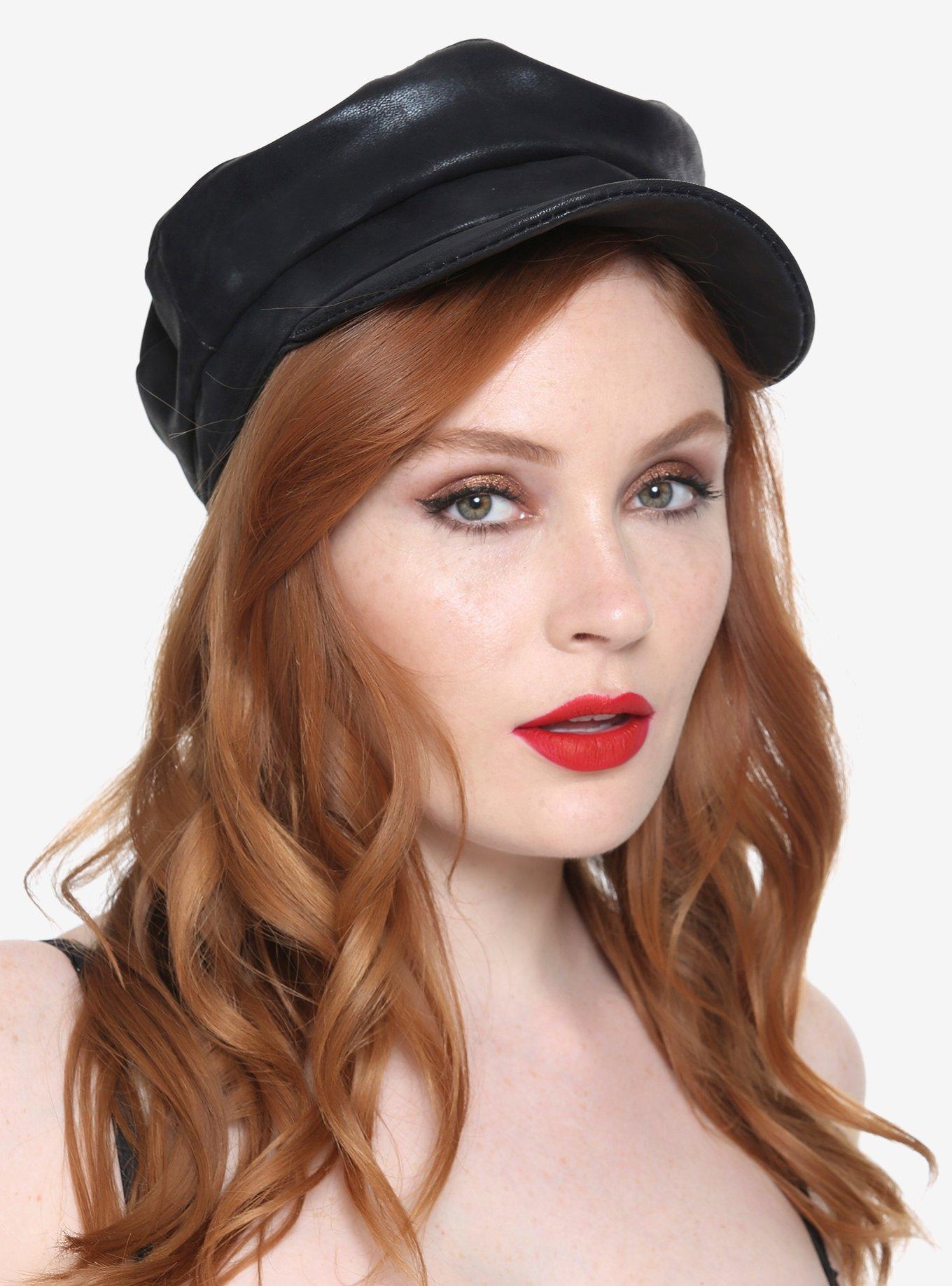 Black Faux Leather Biker Cap, , hi-res