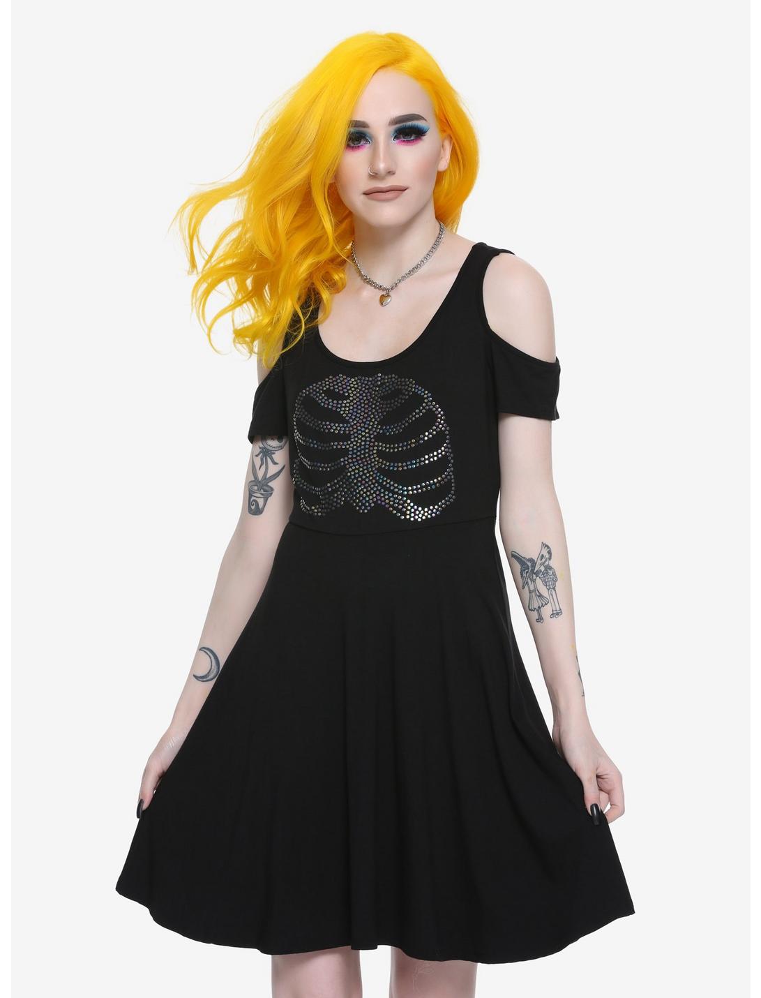 Black Iridescent Rib Cage Cold Shoulder Dress, BLACK, hi-res