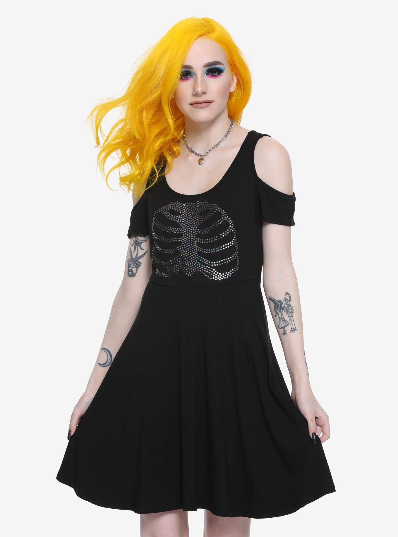 Black Iridescent Rib Cage Cold Shoulder Dress, BLACK, hi-res